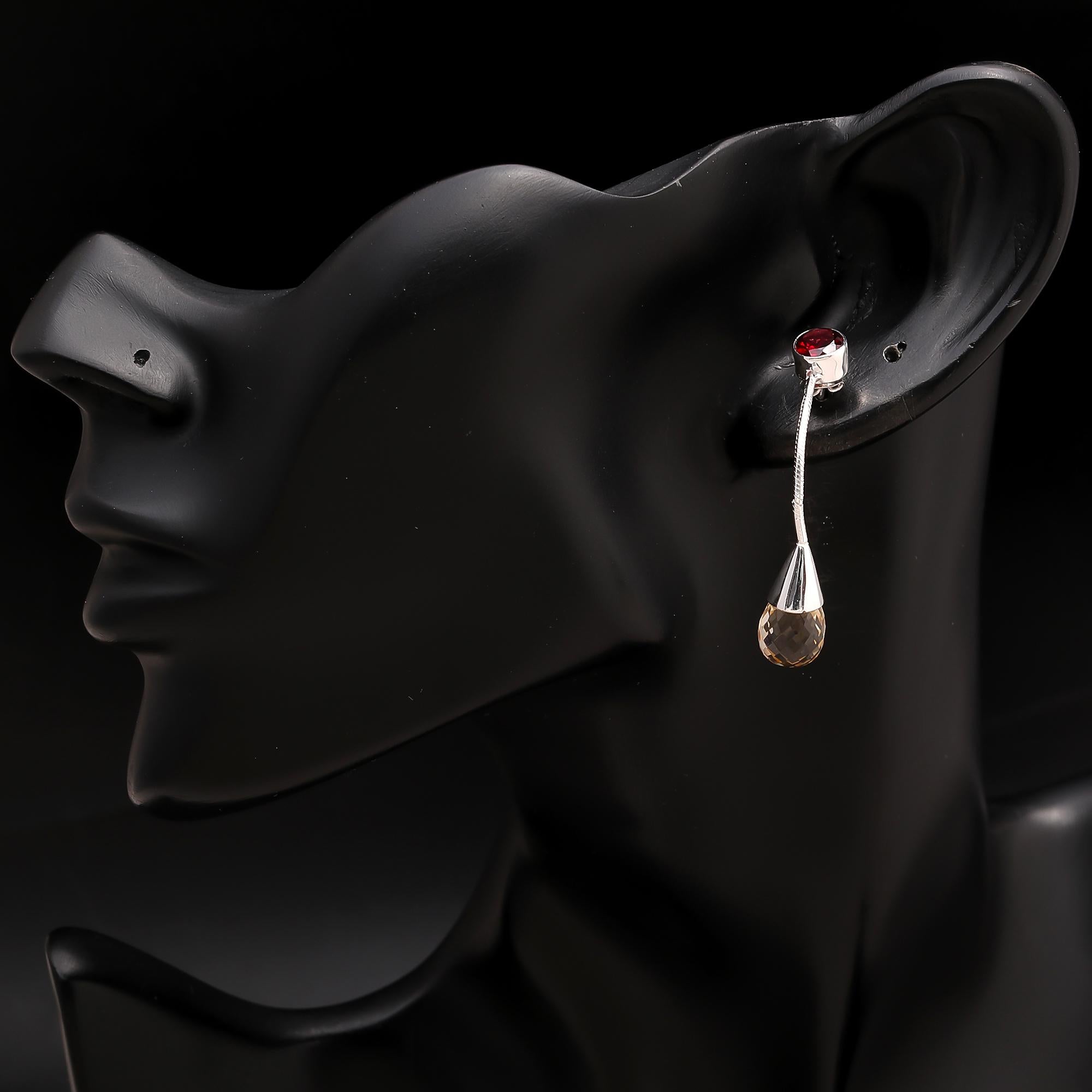 925 Silver Garnet and Citrine Long Drop Earrings