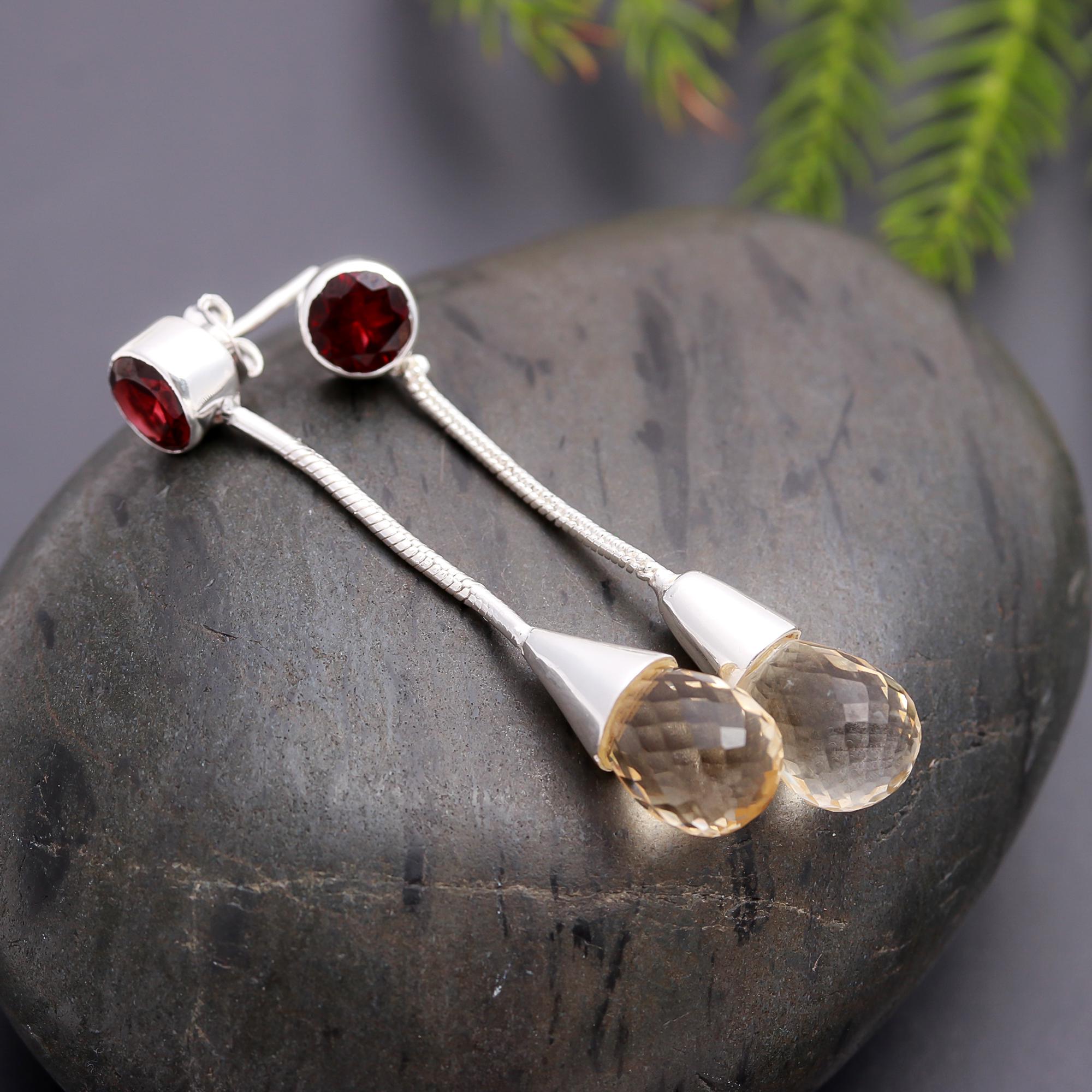 925 Silver Garnet and Citrine Long Drop Earrings