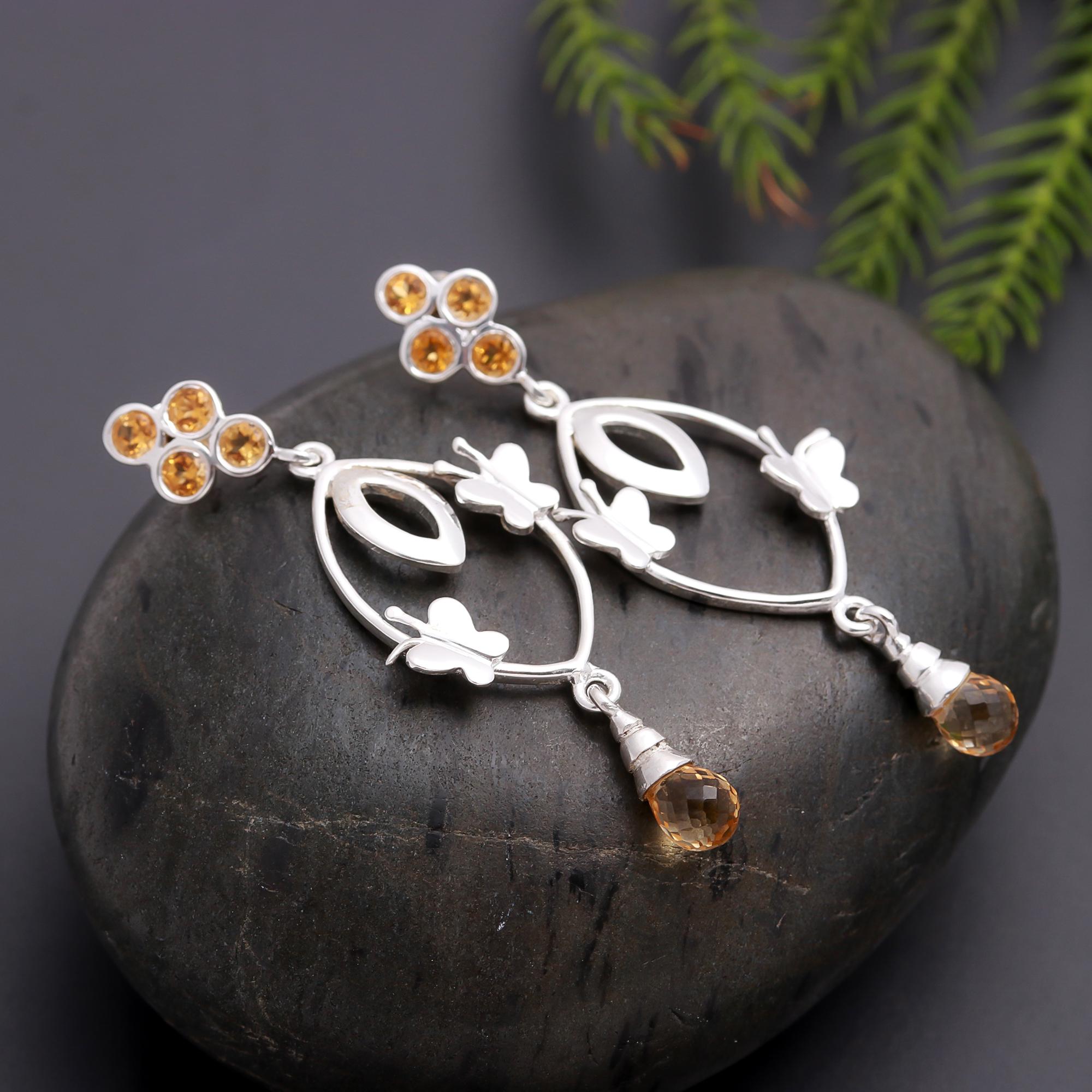 925 Silver Citrine and Smoky Quartz Butterfly Drop Earrings