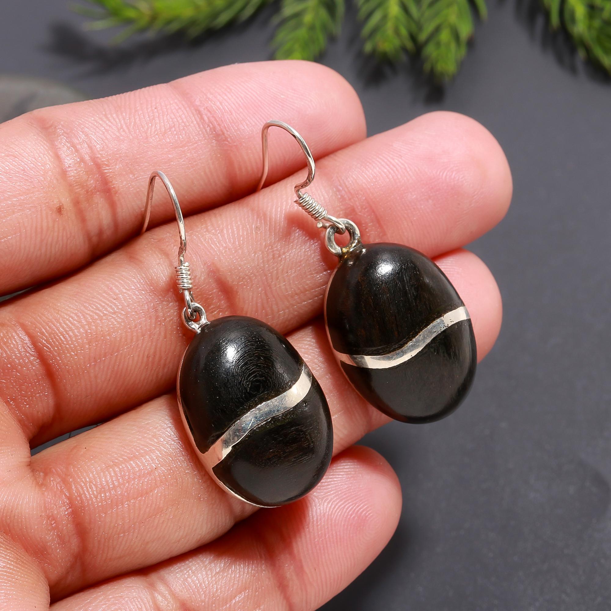 925 Silver Ebony Wood Dangle Earrings