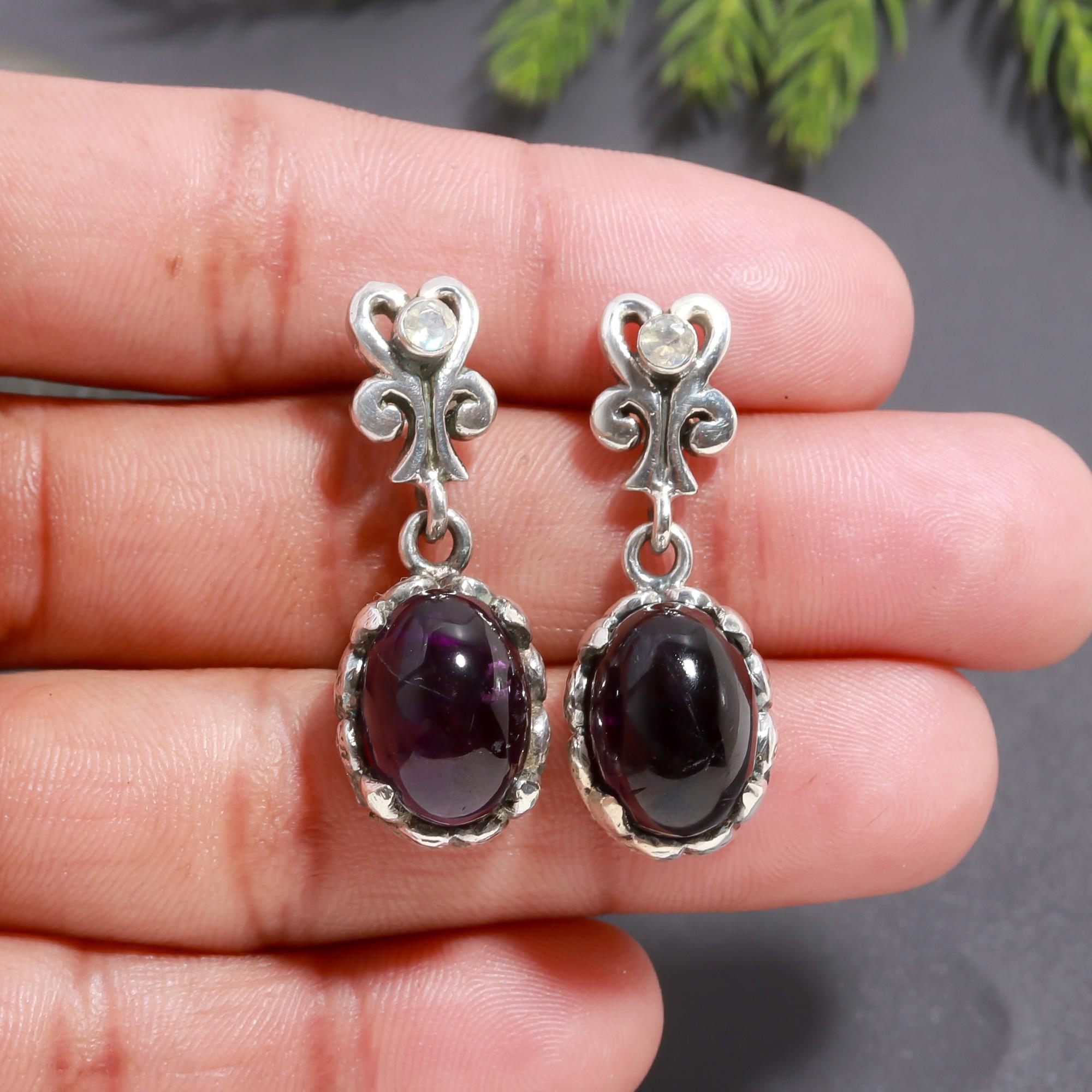 925 Silver Oval Garnet Drop Earrings
