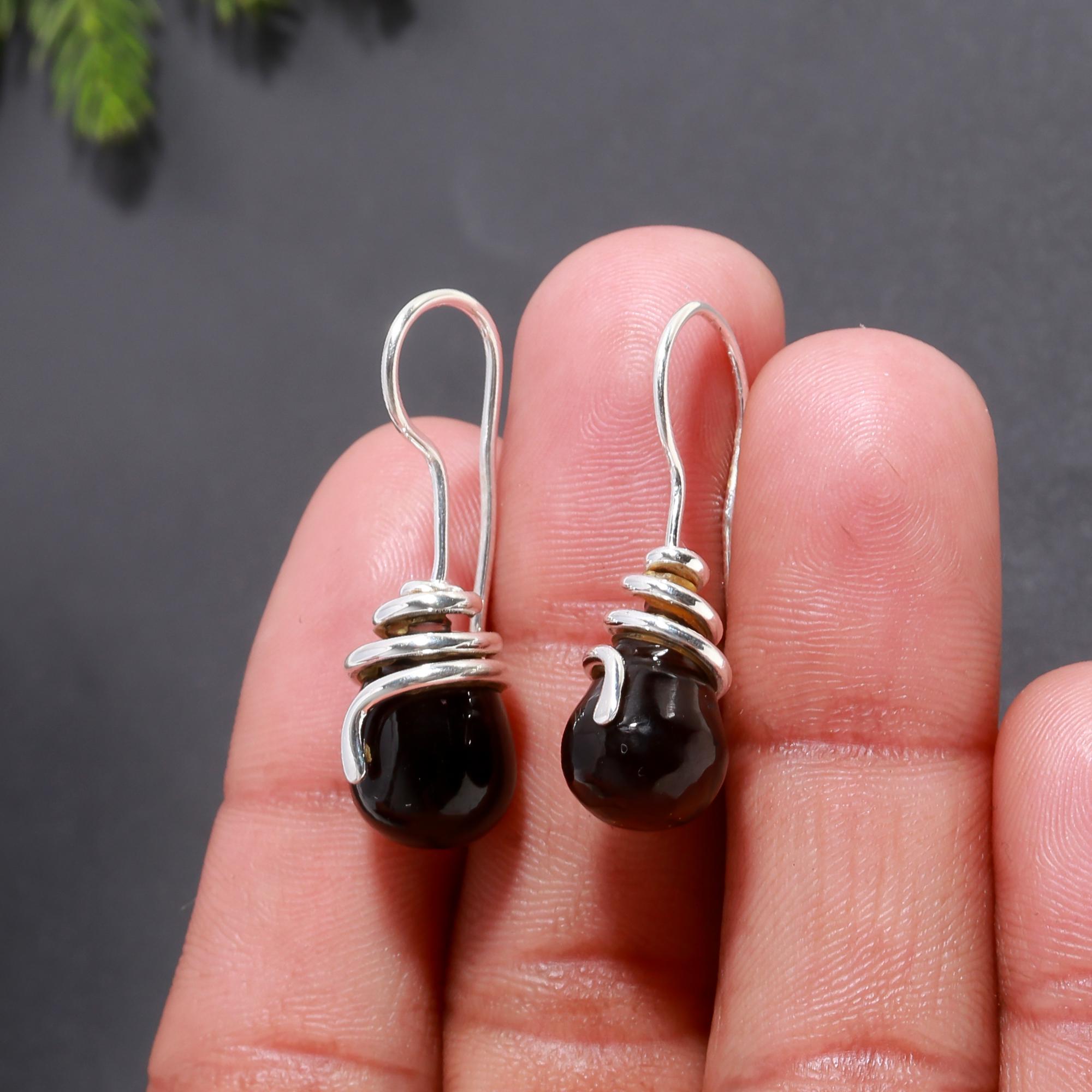 925 Silver Black Onyx Wrapped Dangle Earrings