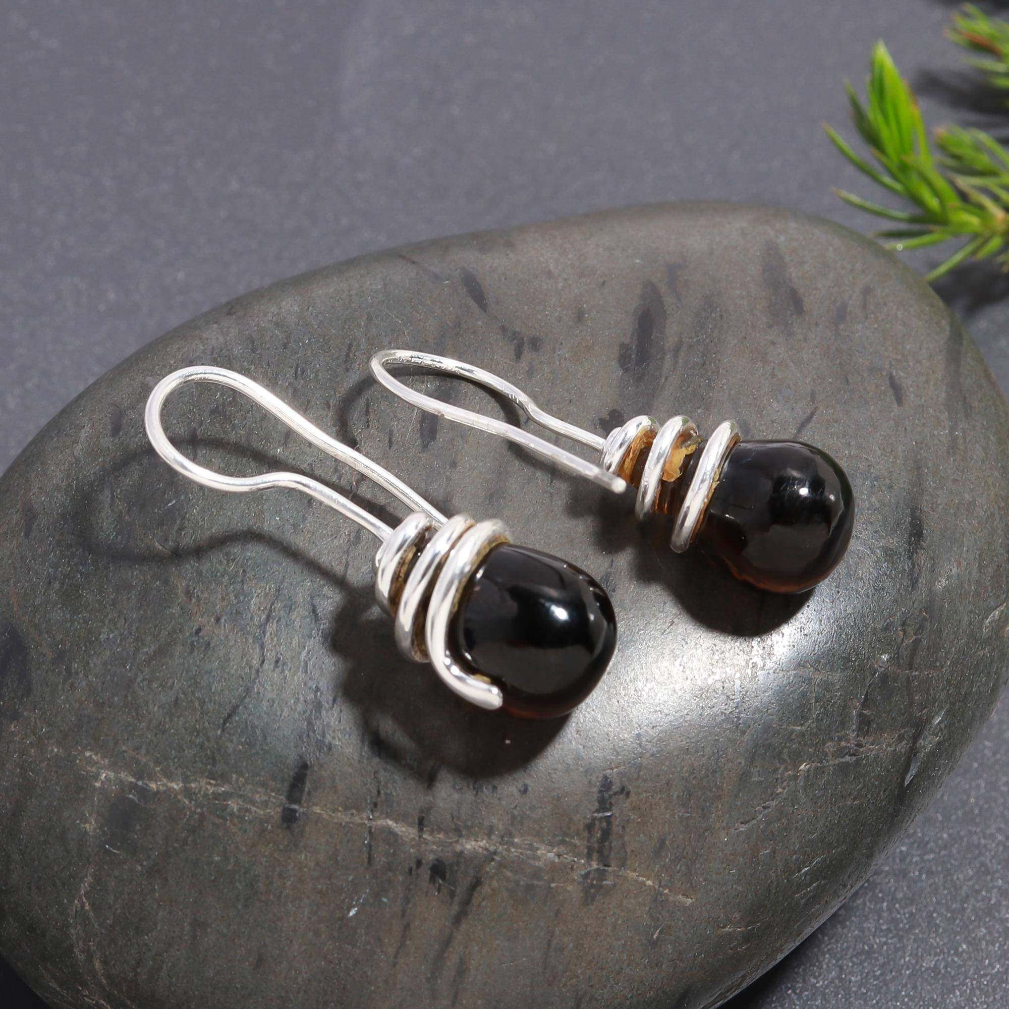 925 Silver Black Onyx Wrapped Dangle Earrings