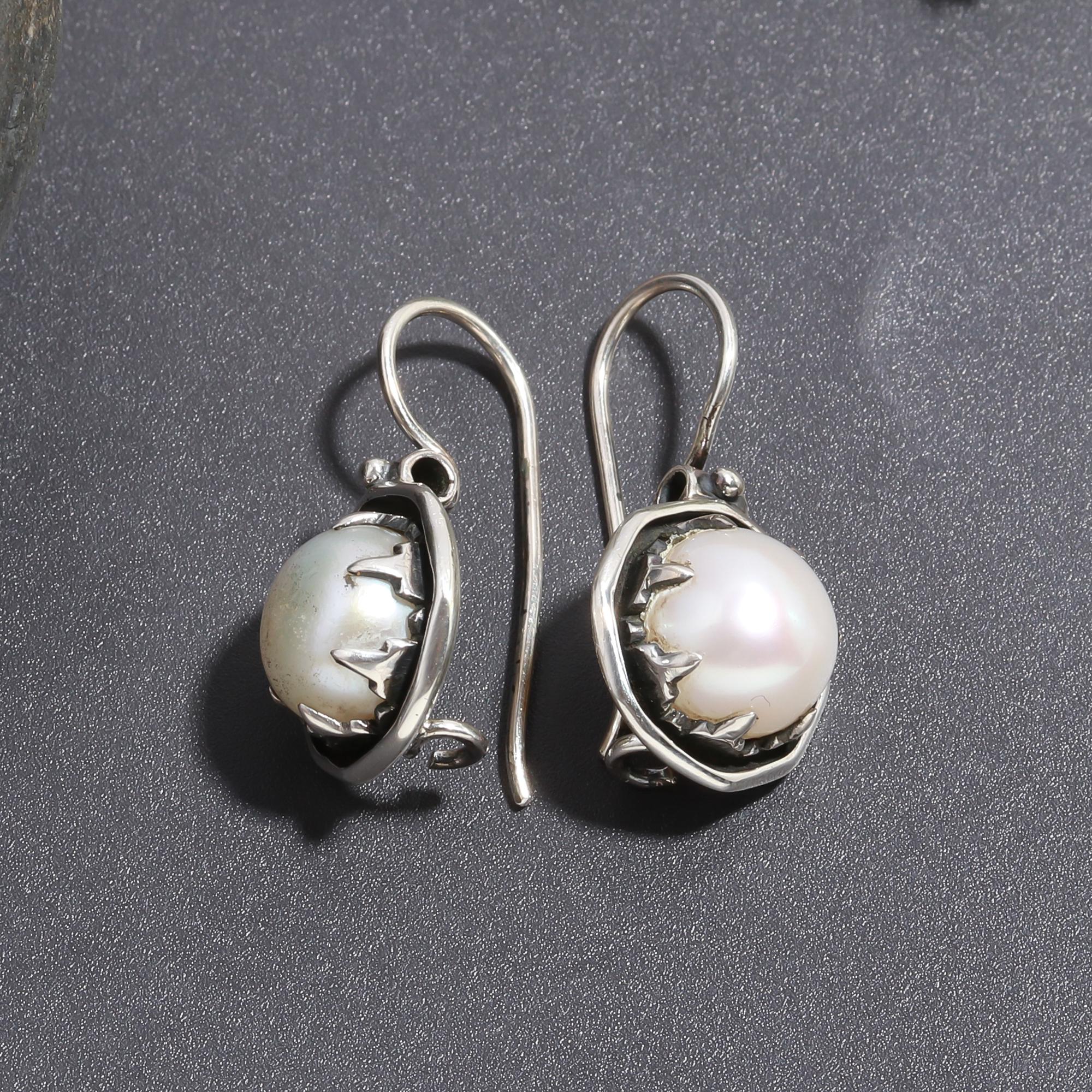 925 Silver Round Pearl Dangle Earrings