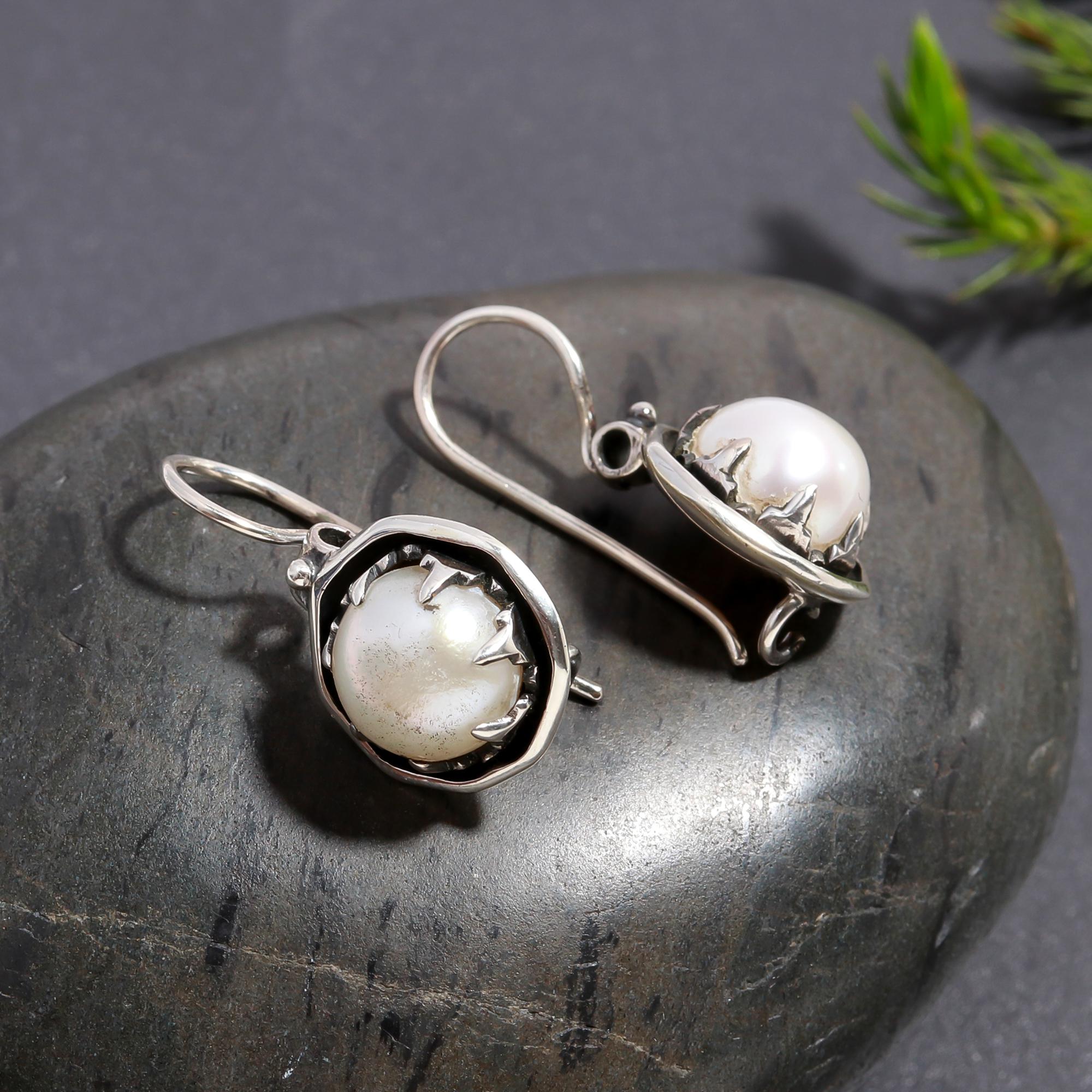 925 Silver Round Pearl Dangle Earrings