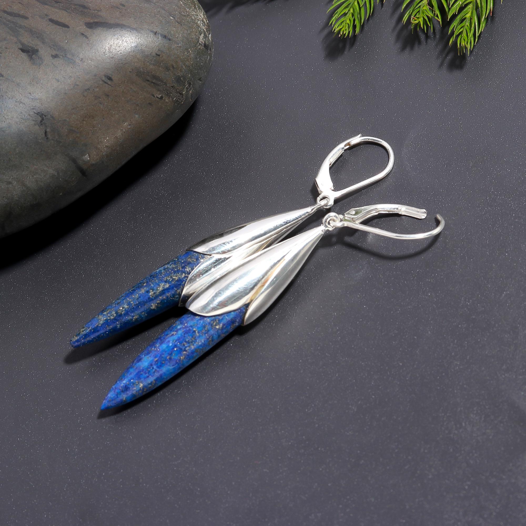 925 Silver Long Lapis Lazuli Spike Drop Earrings