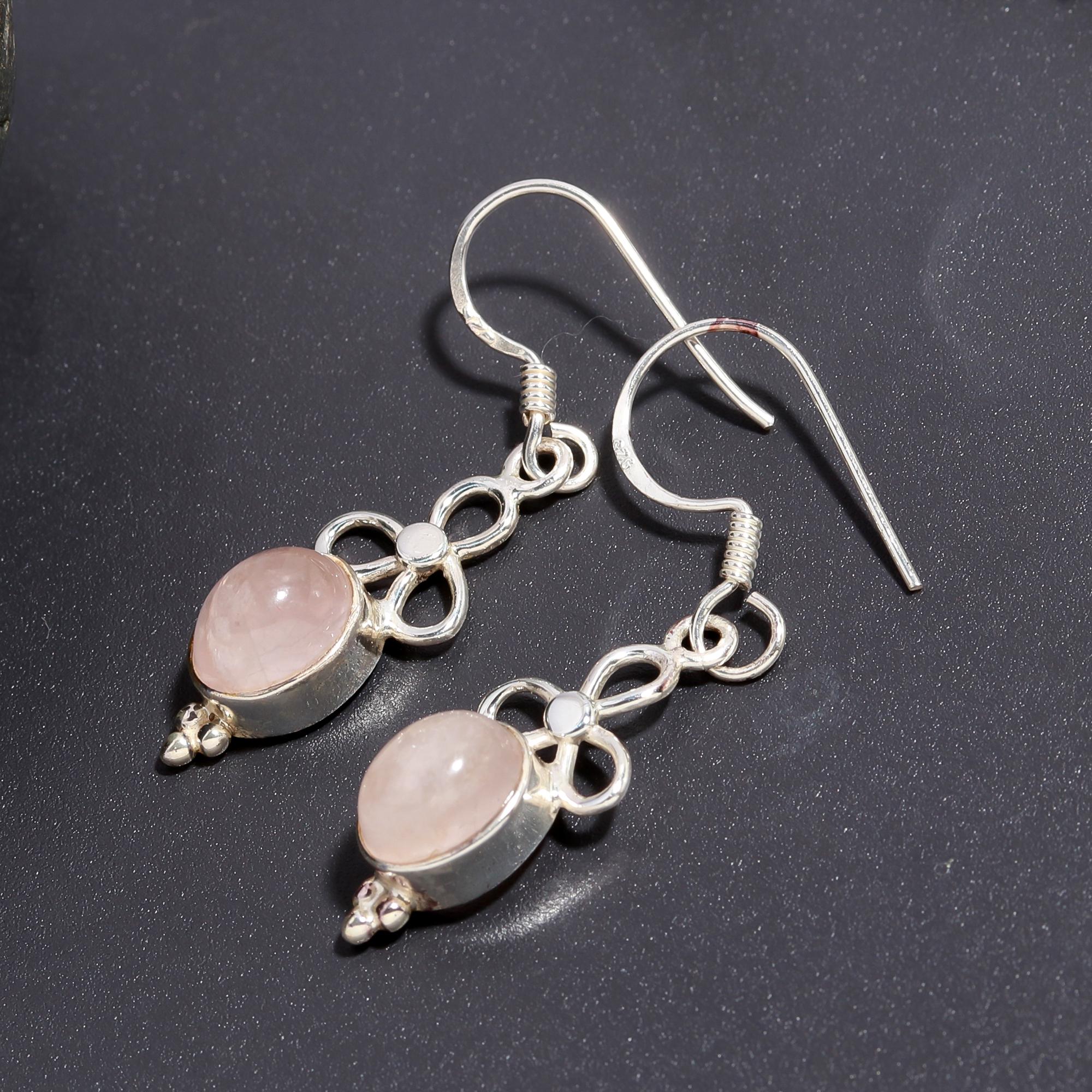 925 Silver Rose Quartz Floral Dangle Earrings