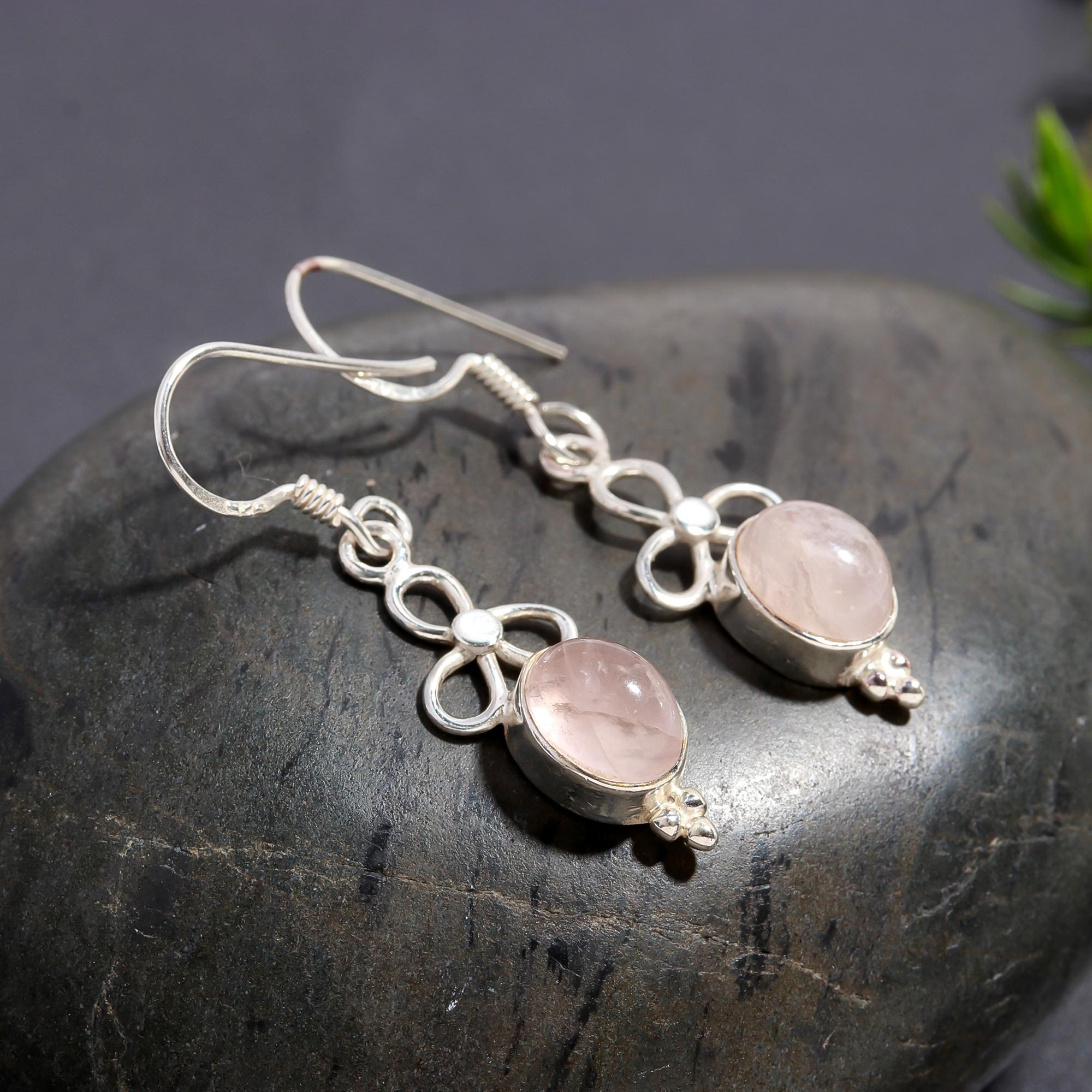 925 Silver Rose Quartz Floral Dangle Earrings