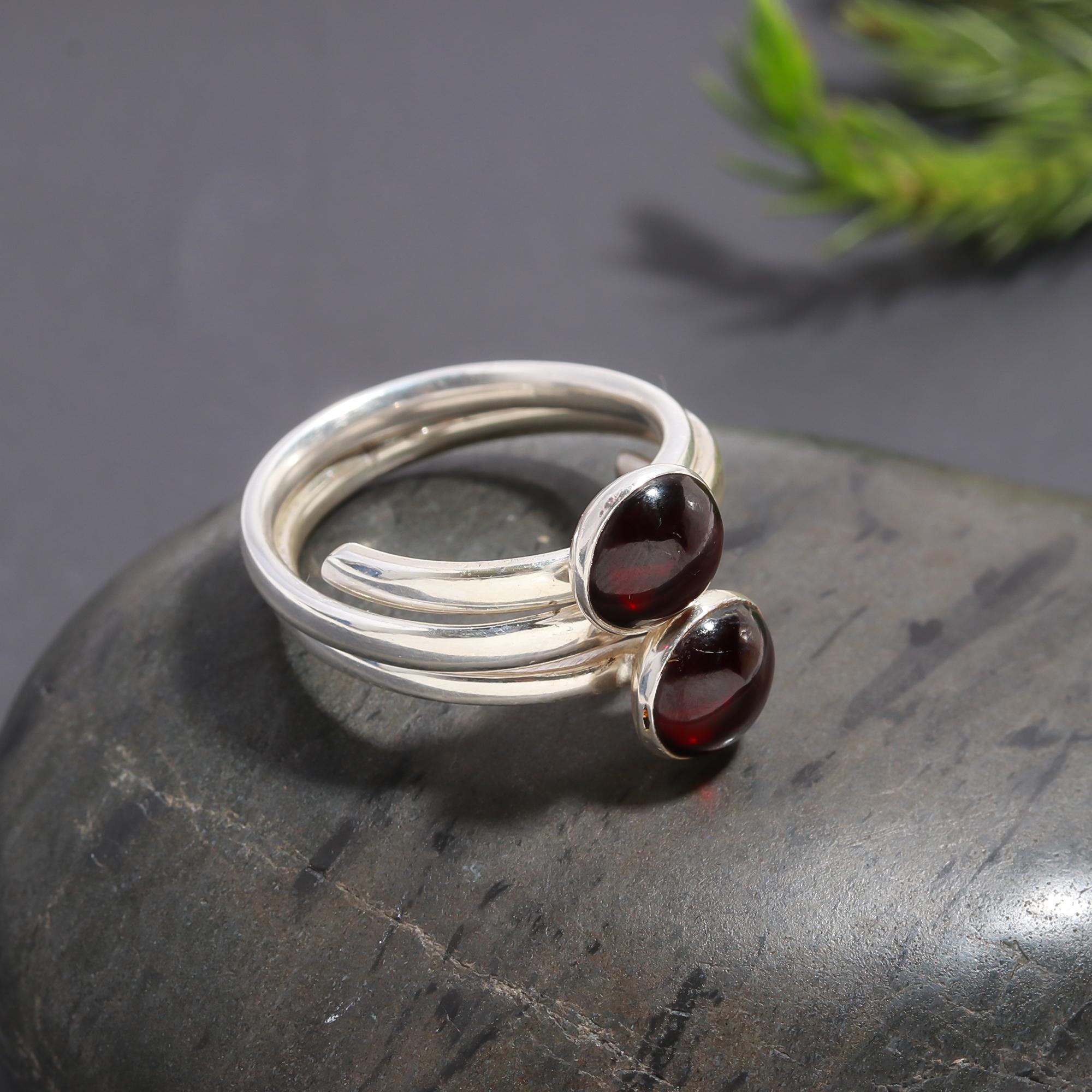 925 Silver Double Garnet Adjustable Ring