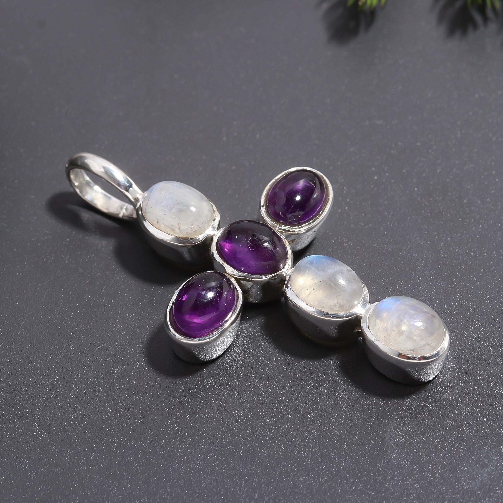 925 Silver Moonstone and Amethyst Cross Pendant