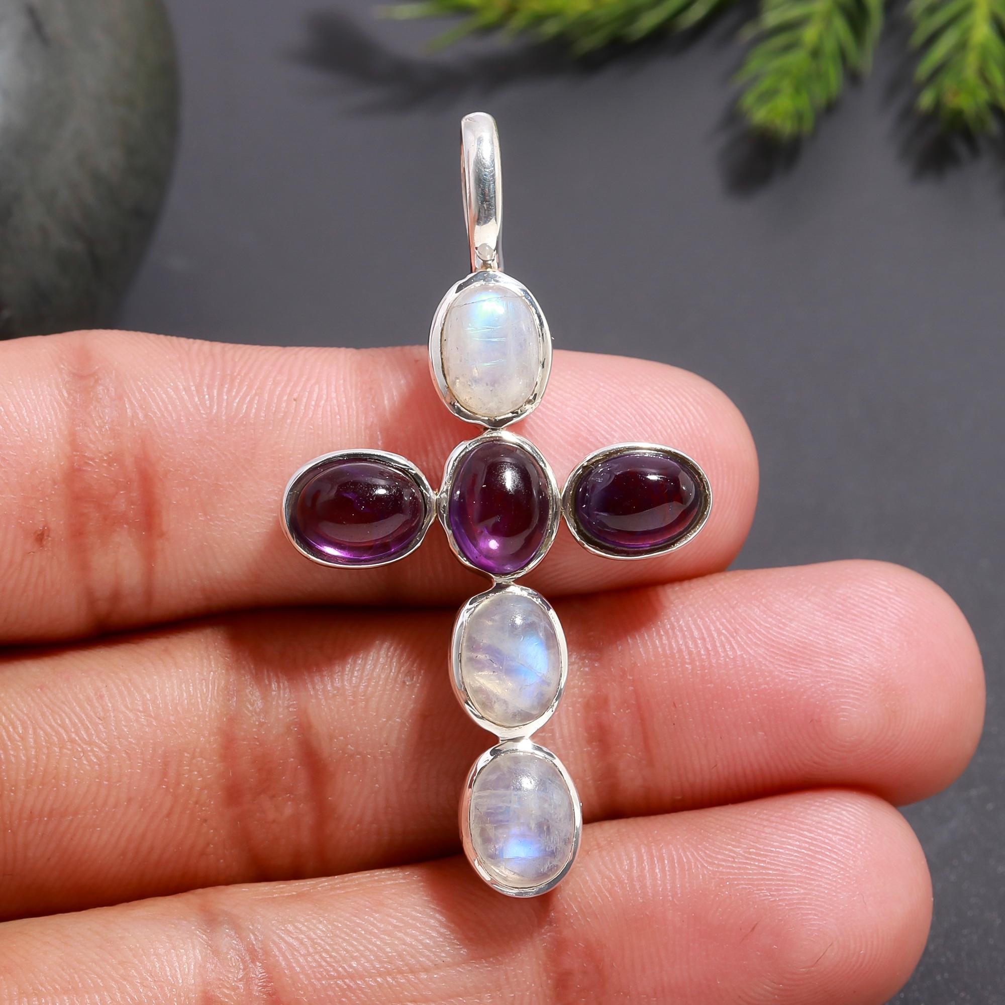 925 Silver Moonstone and Amethyst Cross Pendant