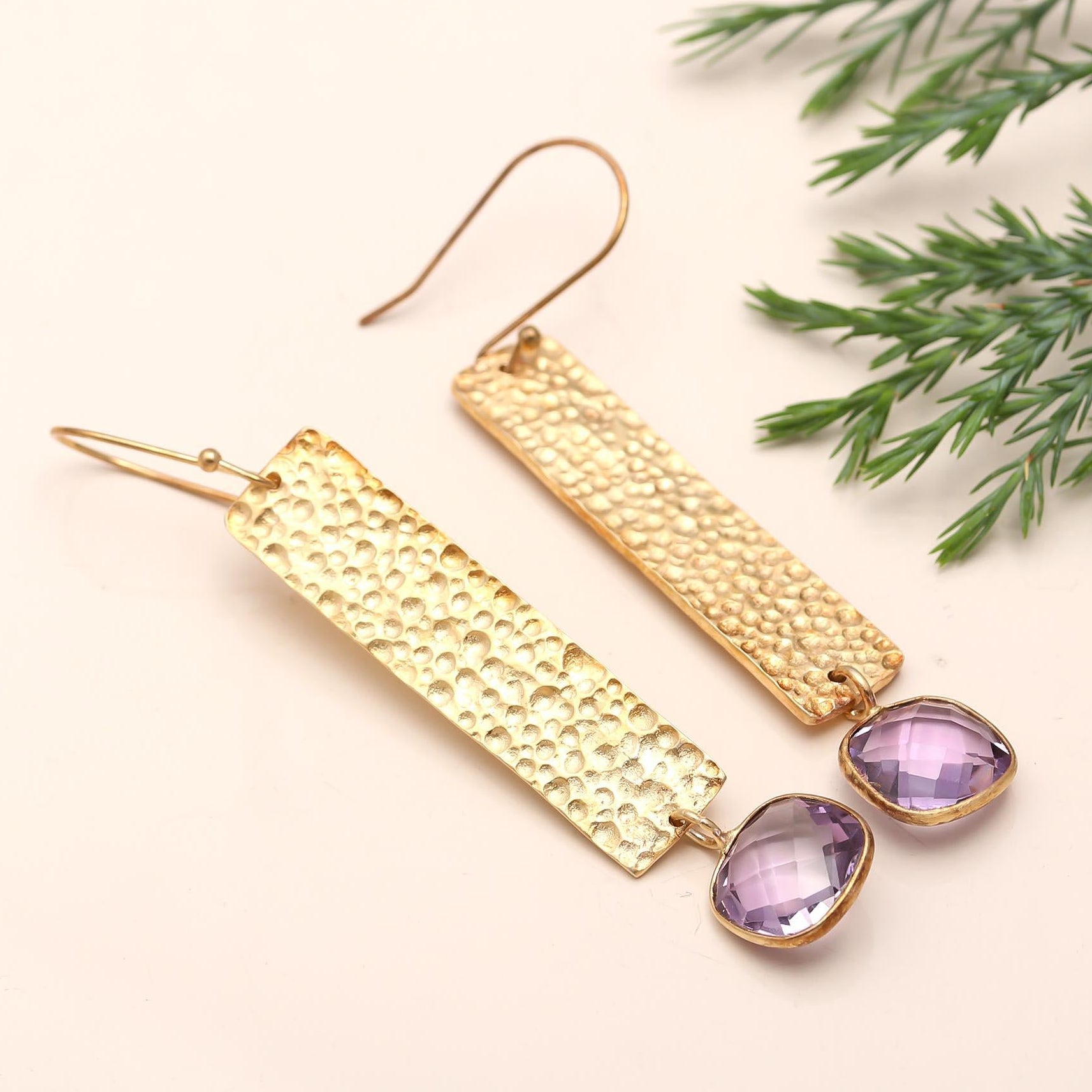 The Golden Ripple: Hammered Bar Amethyst Earrings