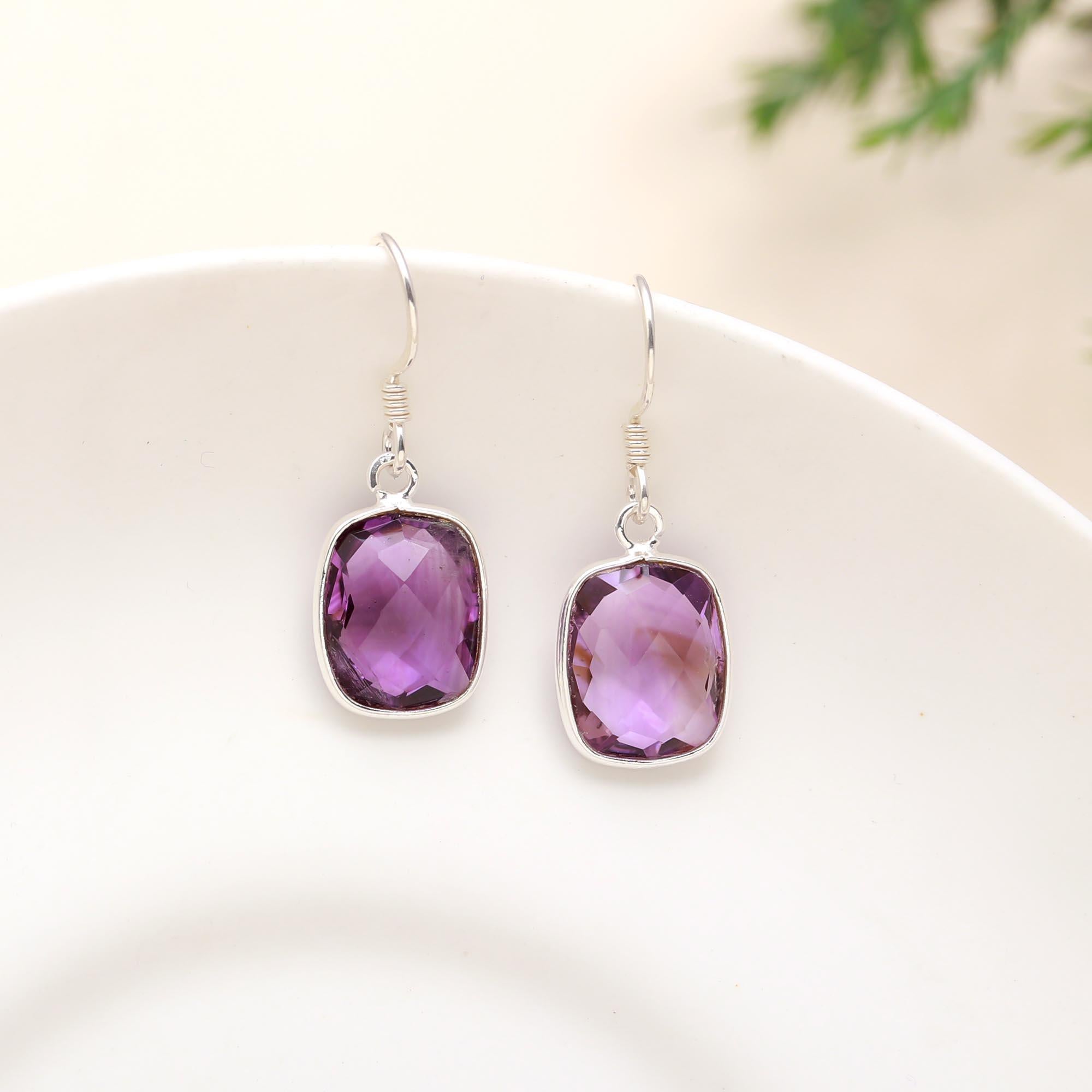 925 Sterling Silver Amethyst Cushion Cut Dangle Earrings
