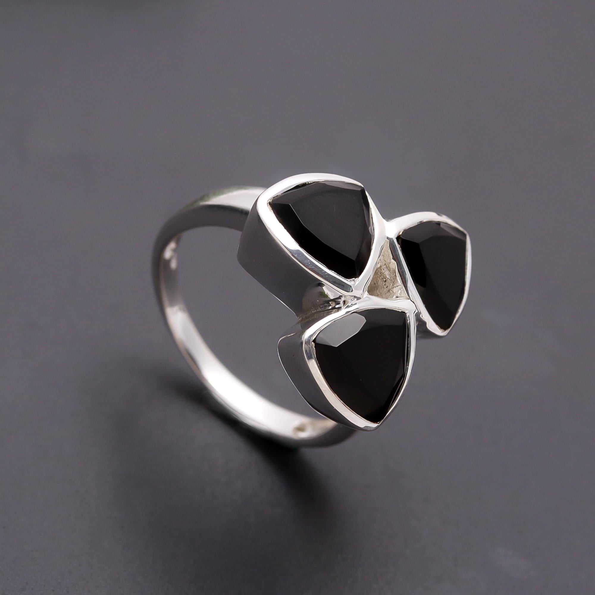 925 Silver Trio Black Onyx Ring