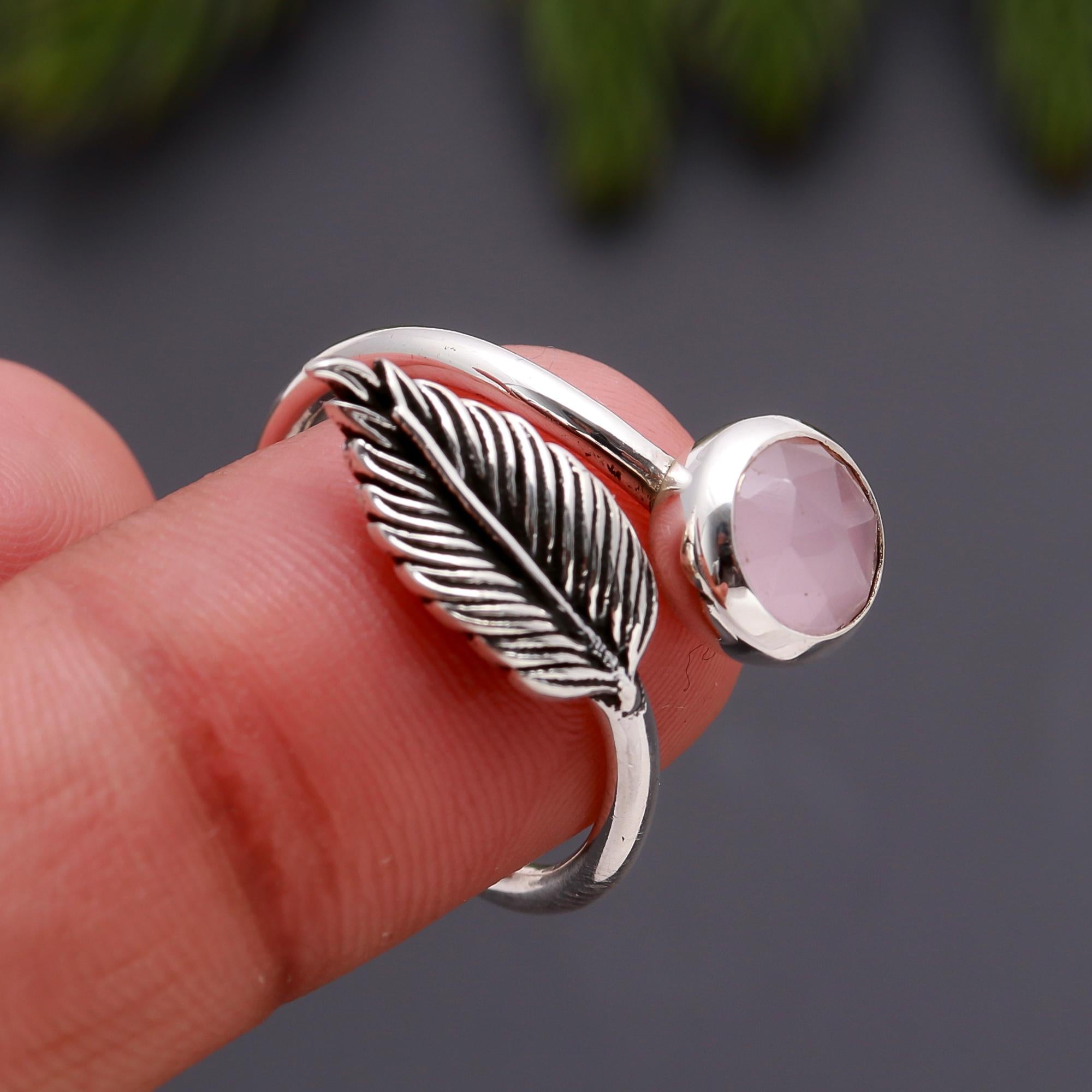925 Silver Rose Quartz Adjustable Leaf Ring