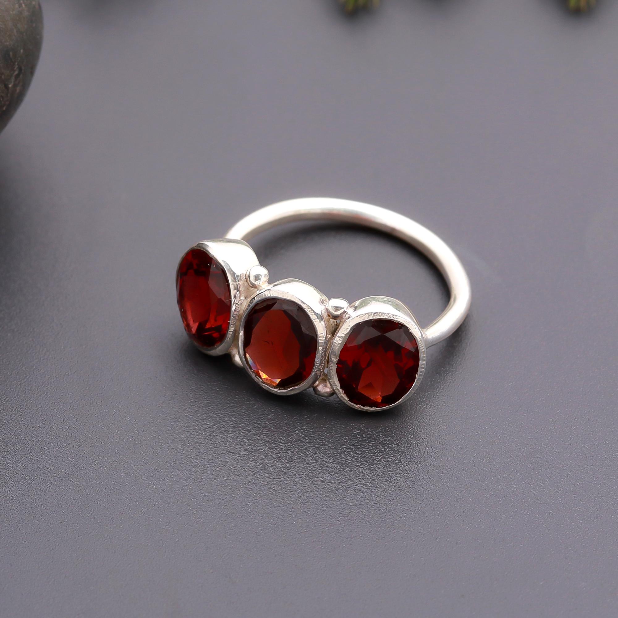 925 Silver Three-Stone Garnet Ring