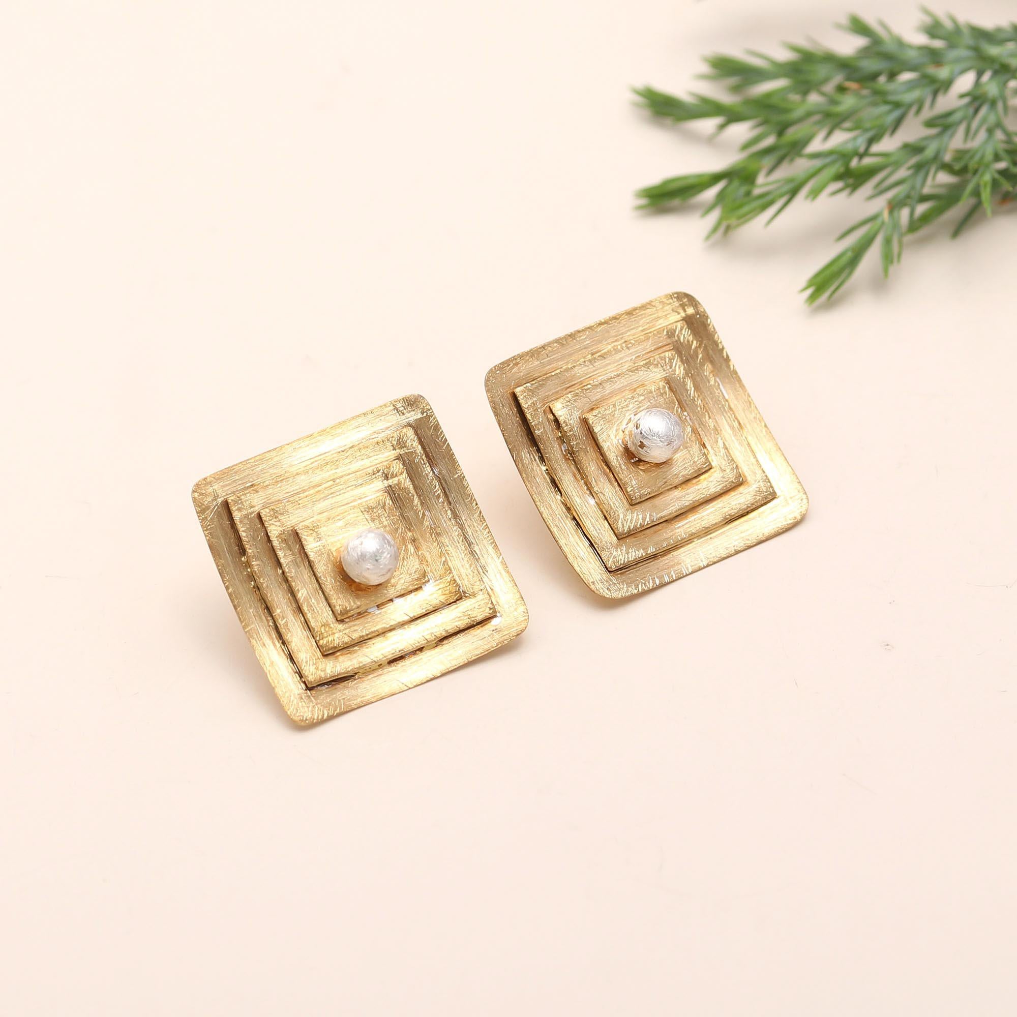Brass Square Pearl Stud Earrings