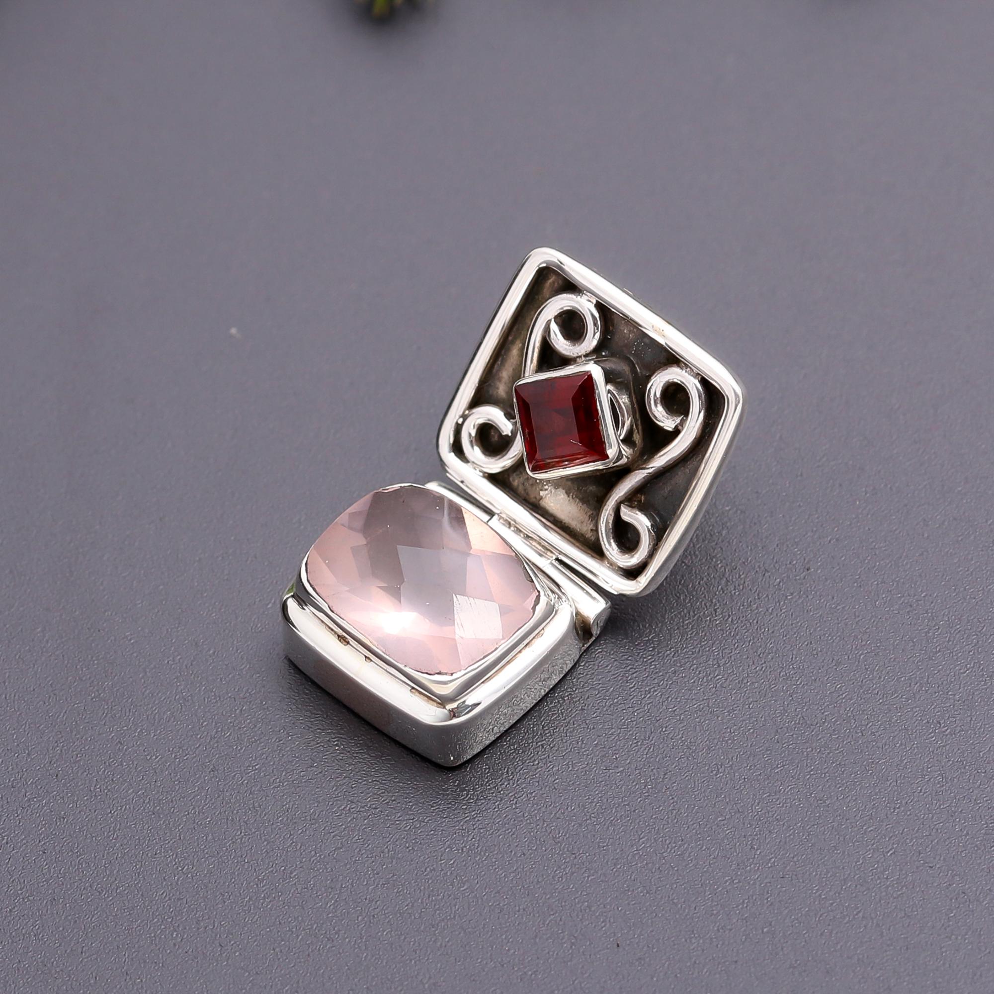 925 Silver Rose Quartz and Garnet Locket Pendant