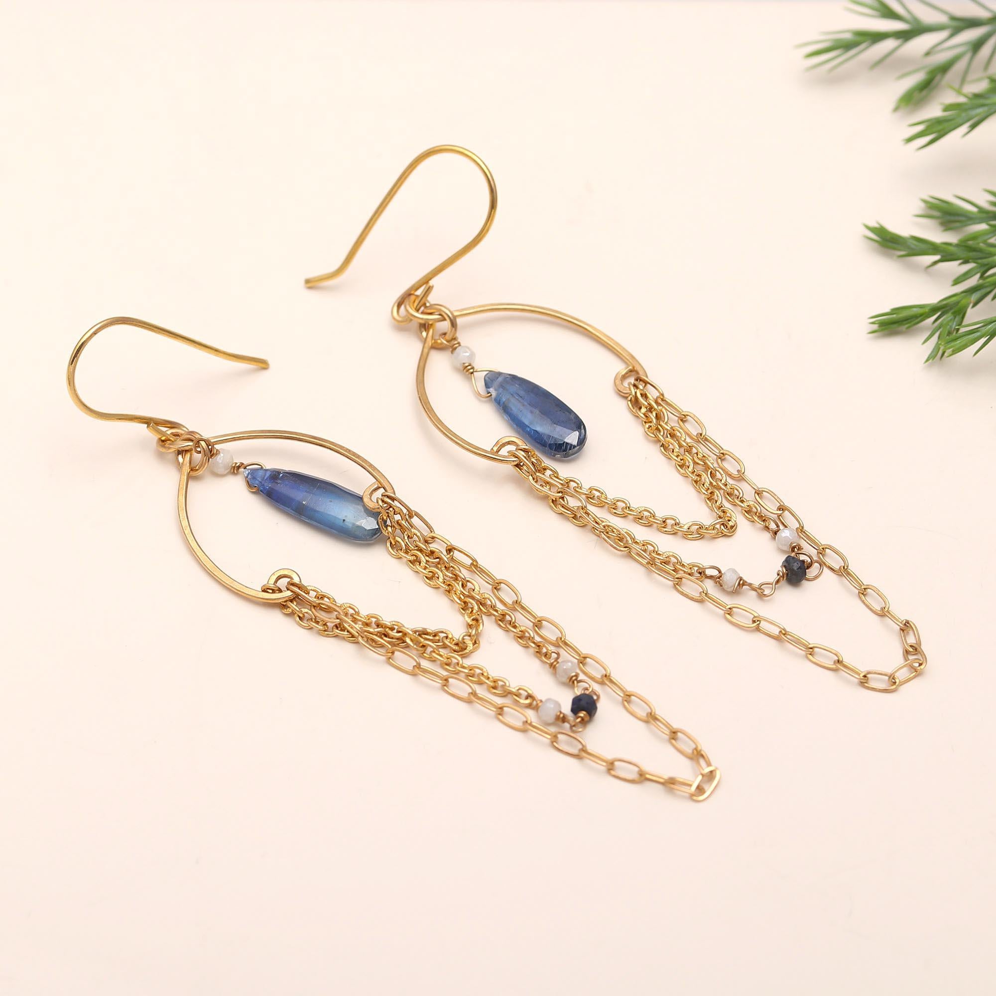 Brass Blue Kyanite Silverite Dangle Earrings