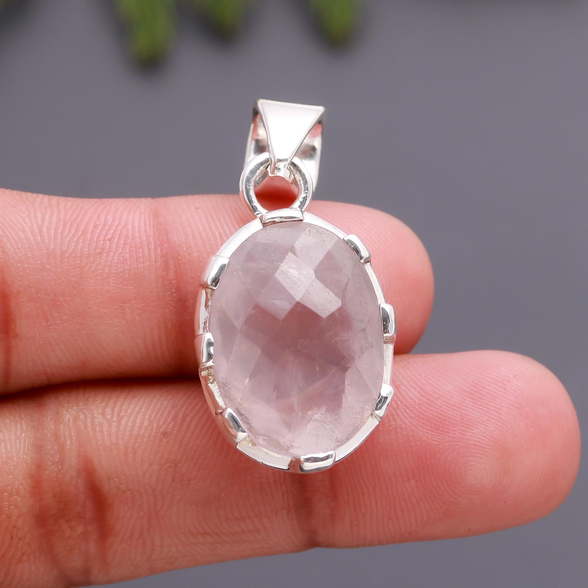 925 Silver Oval Rose Quartz Pendant