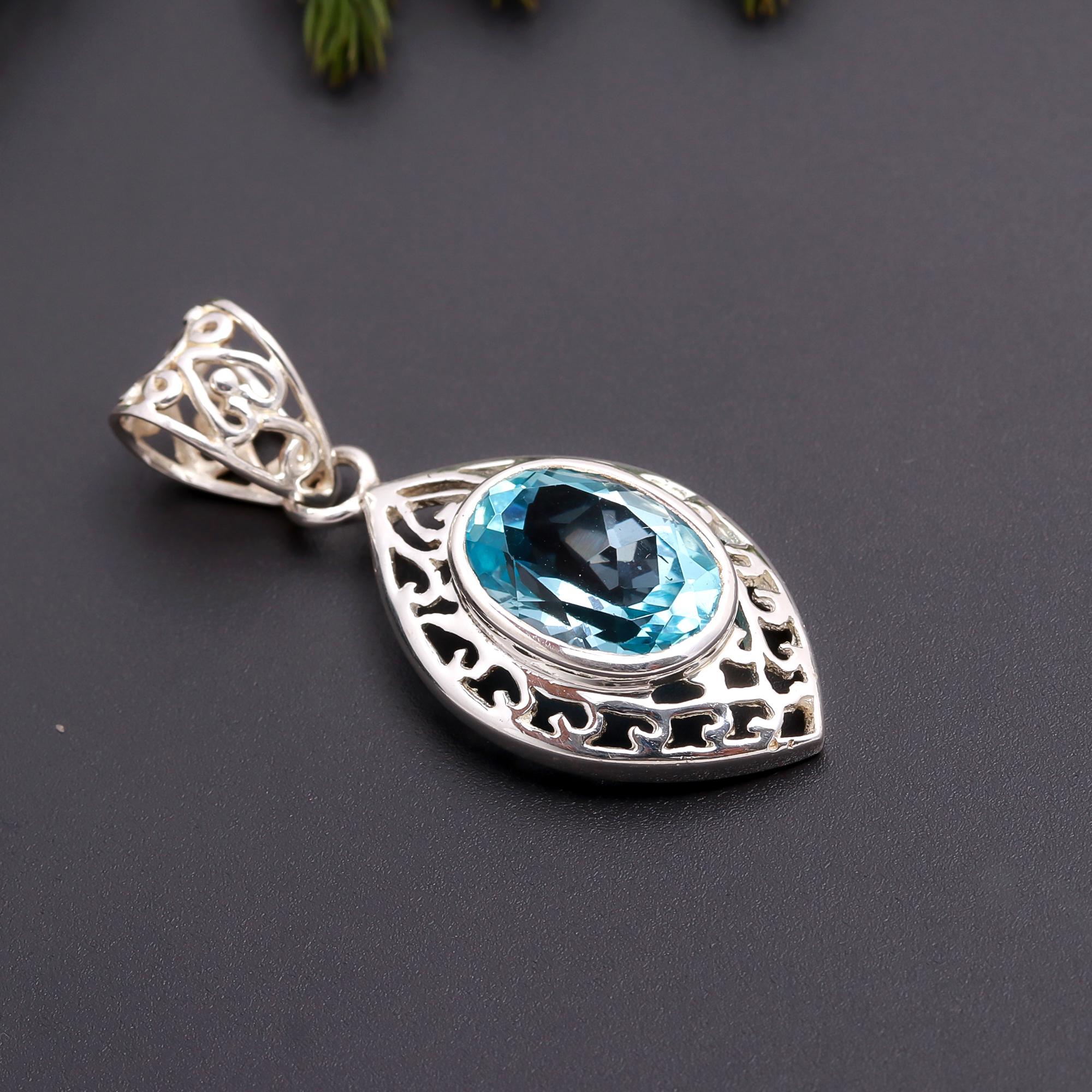 925 Silver Blue Topaz Filigree Pendant