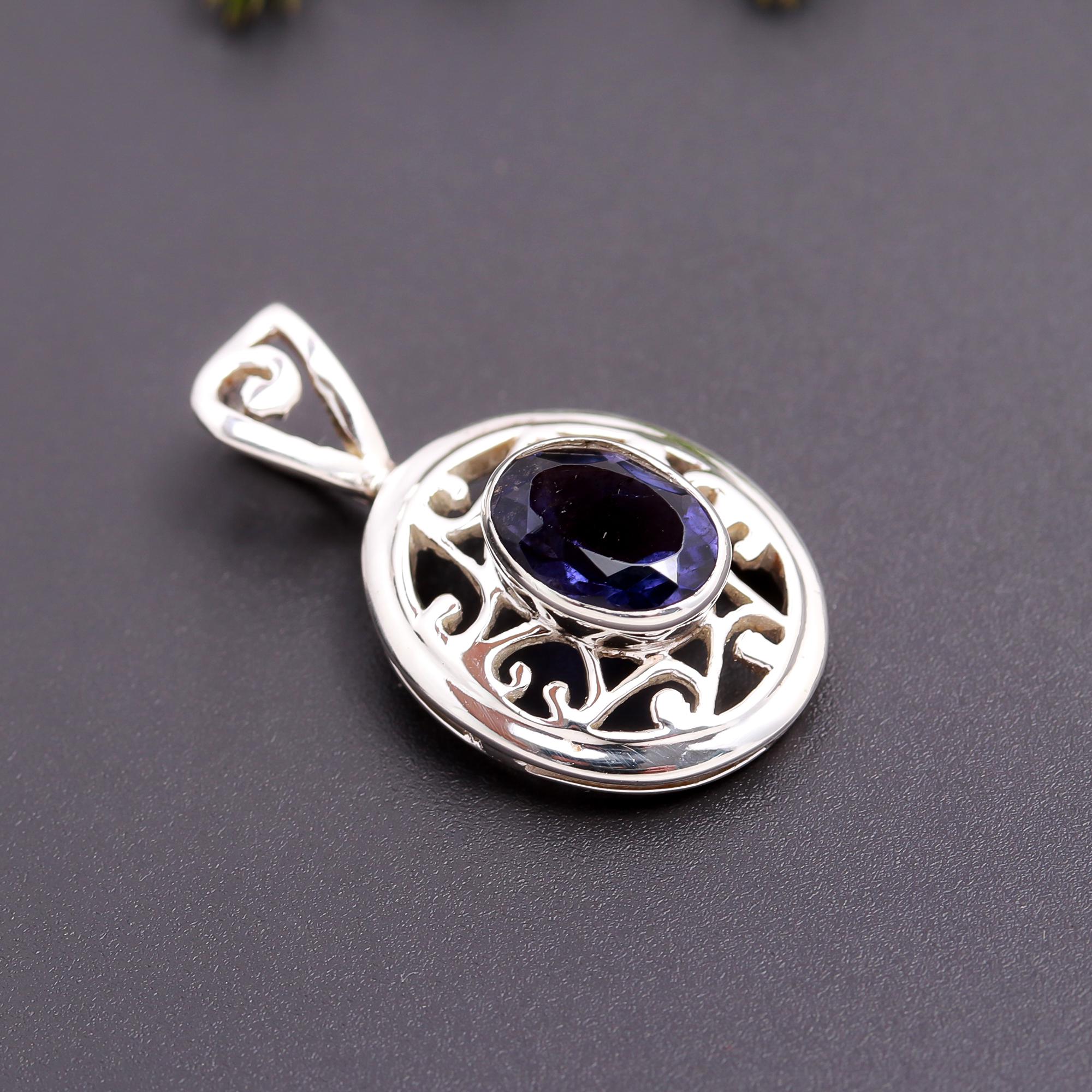 925 Silver Iolite Filigree Pendant