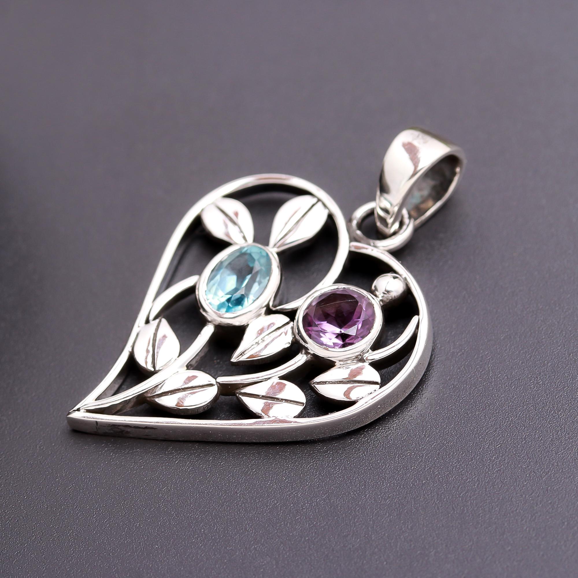 925 Silver Blue Topaz and Amethyst Heart Pendant