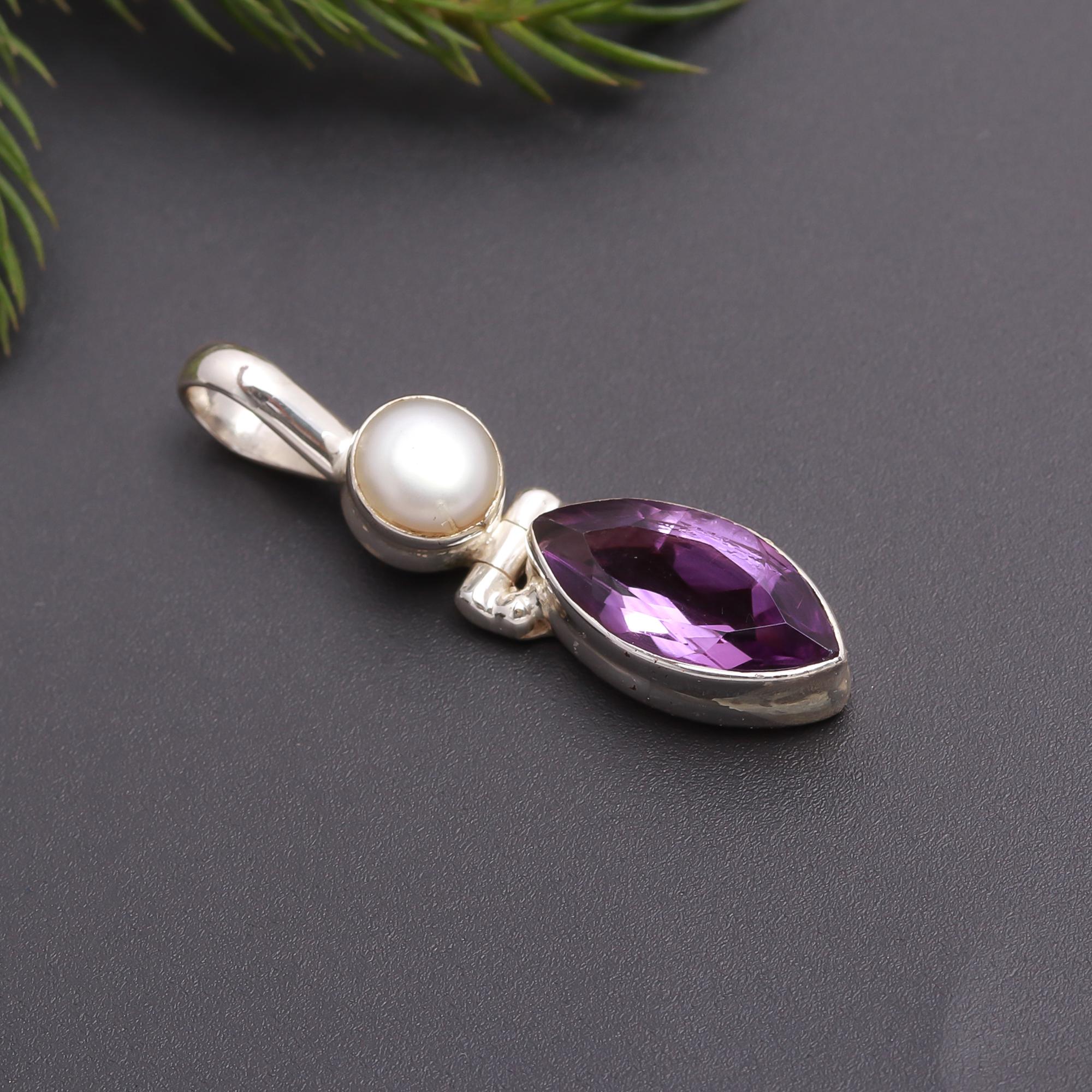 925 Silver Pearl and Amethyst Pendant