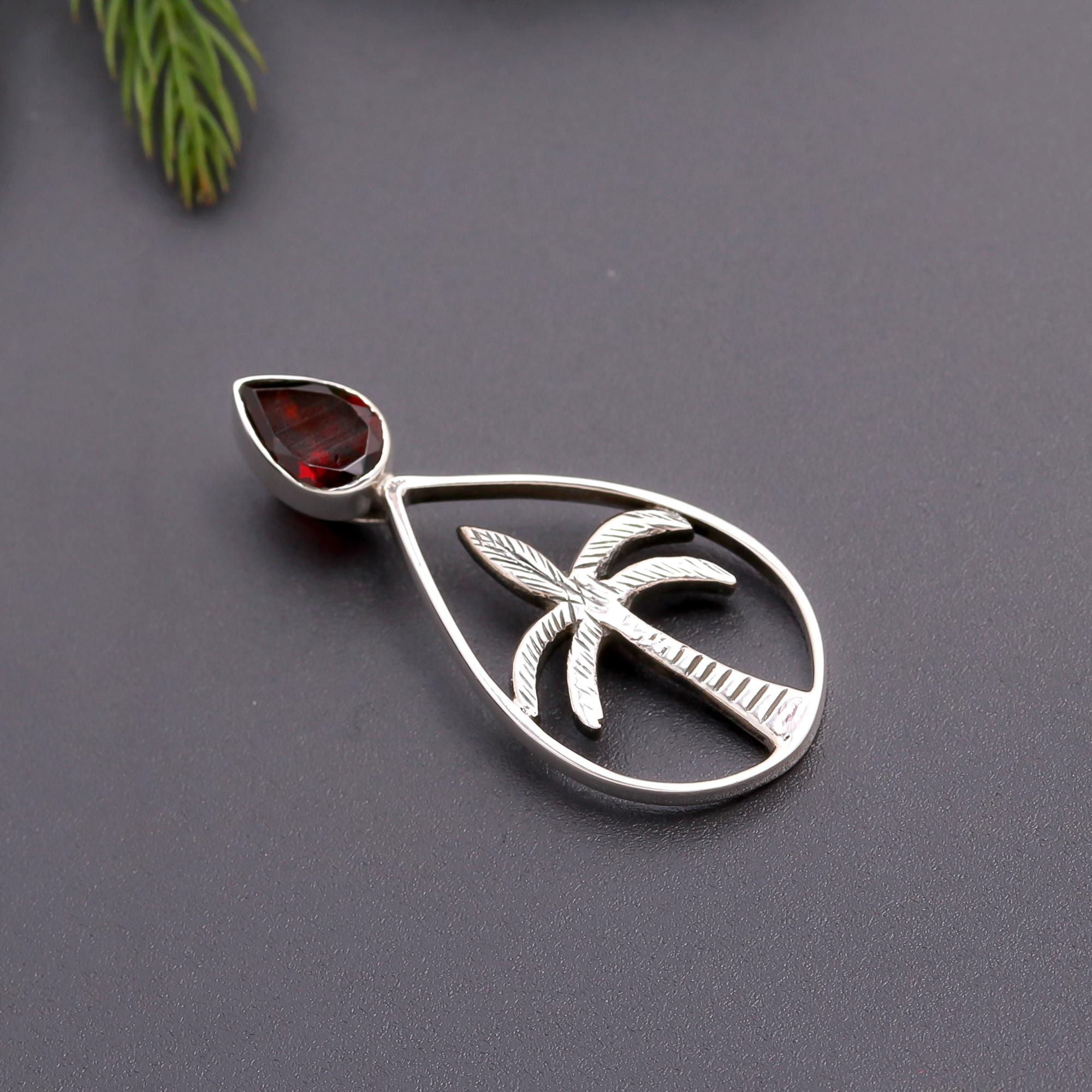 925 Silver Garnet Palm Tree Pendant