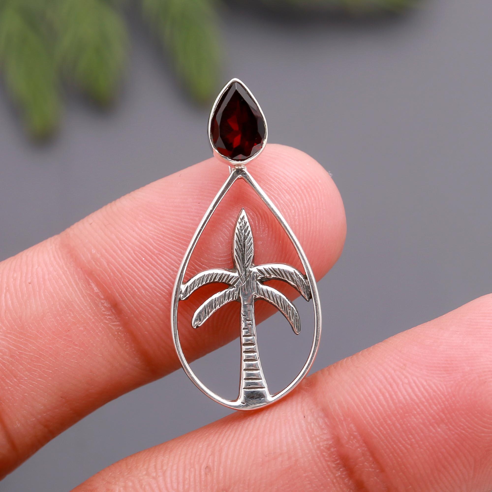 925 Silver Garnet Palm Tree Pendant