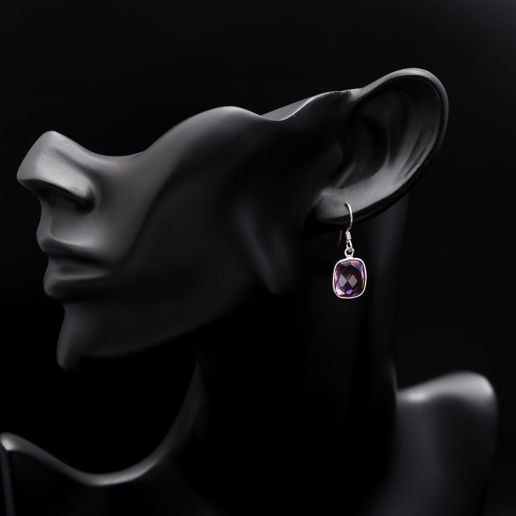 925 Sterling Silver Amethyst Cushion Cut Dangle Earrings