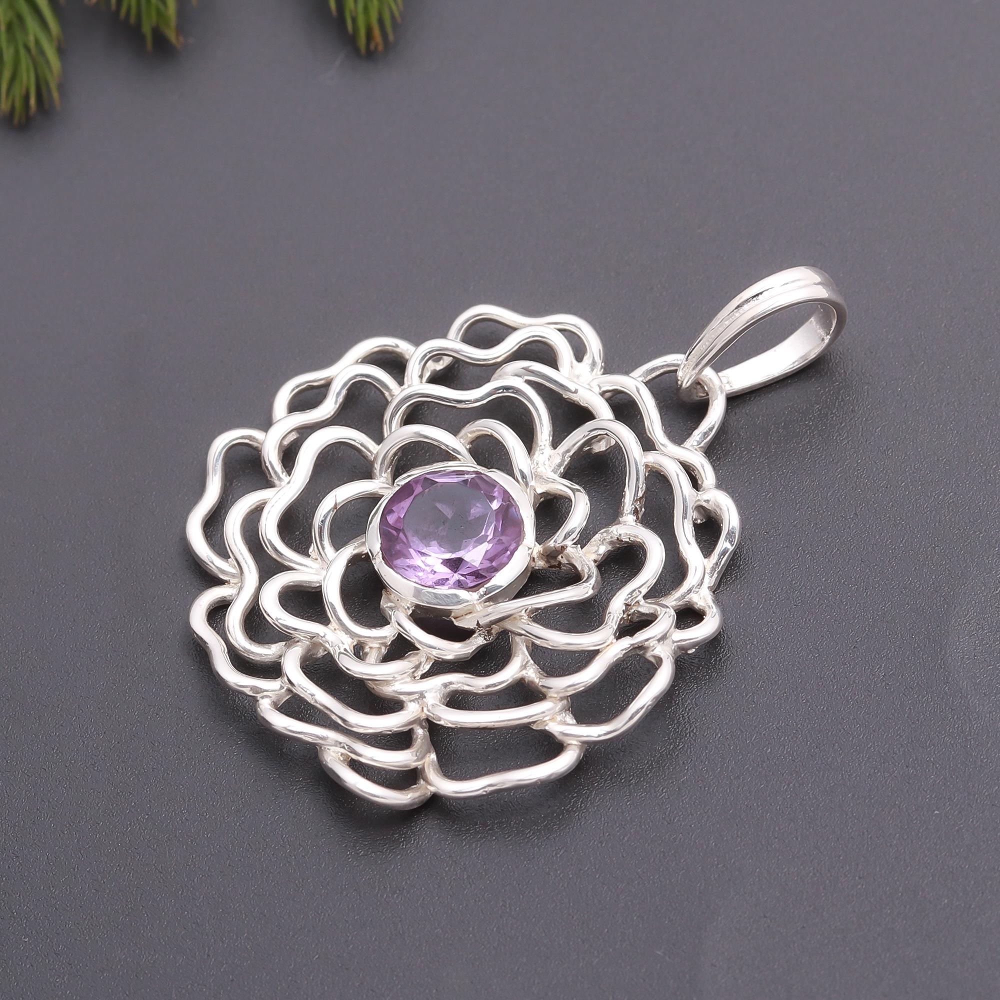 925 Silver Amethyst Flower Pendant