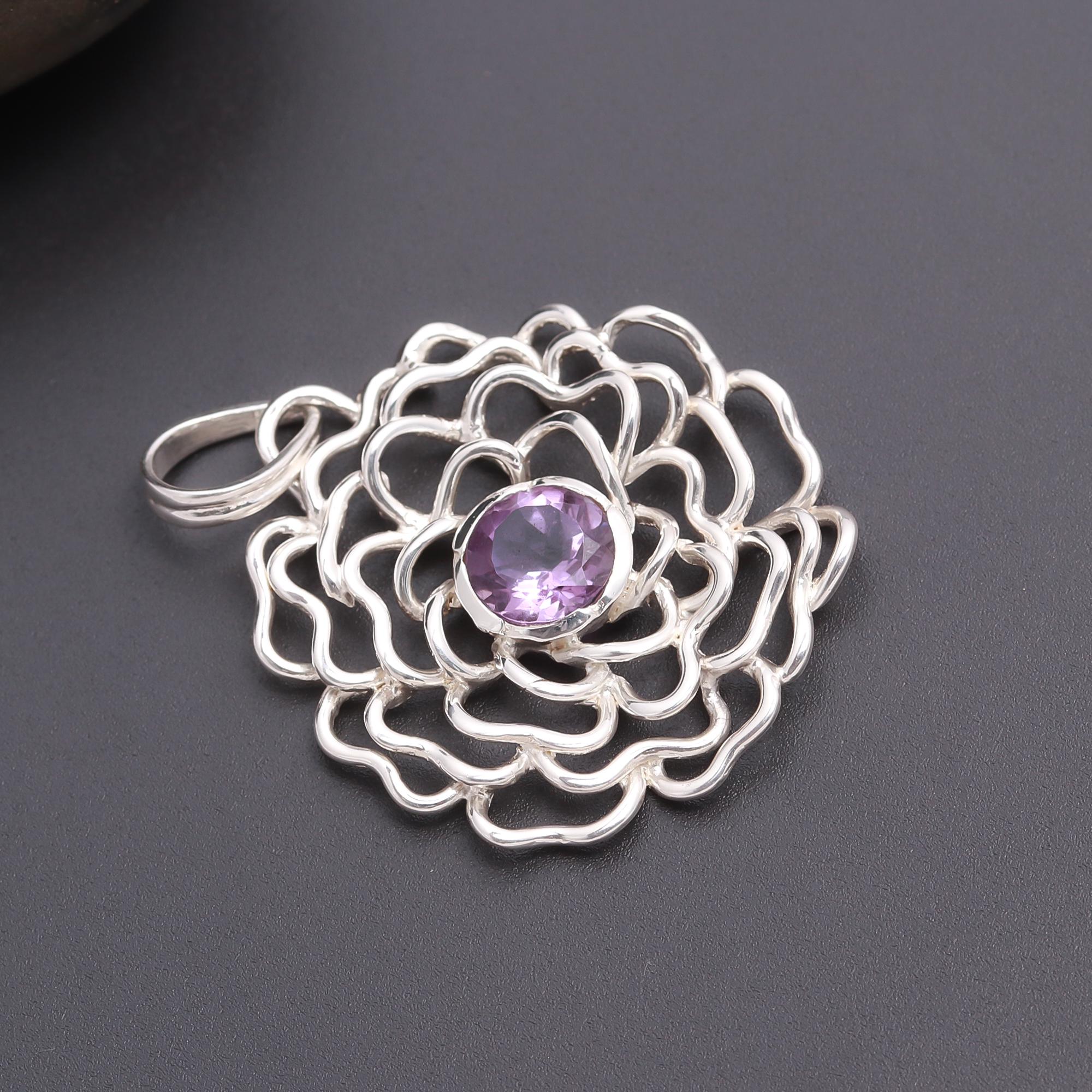 925 Silver Amethyst Flower Pendant