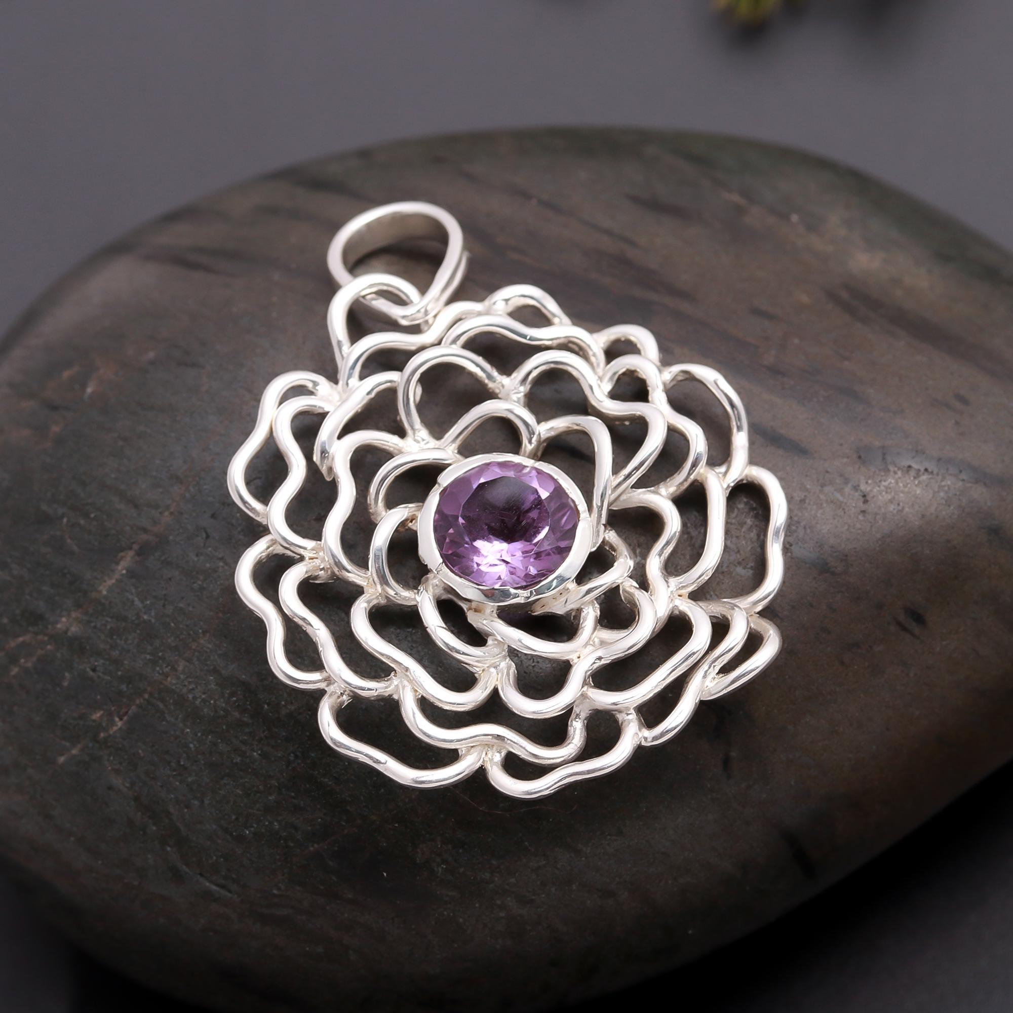 925 Silver Amethyst Flower Pendant