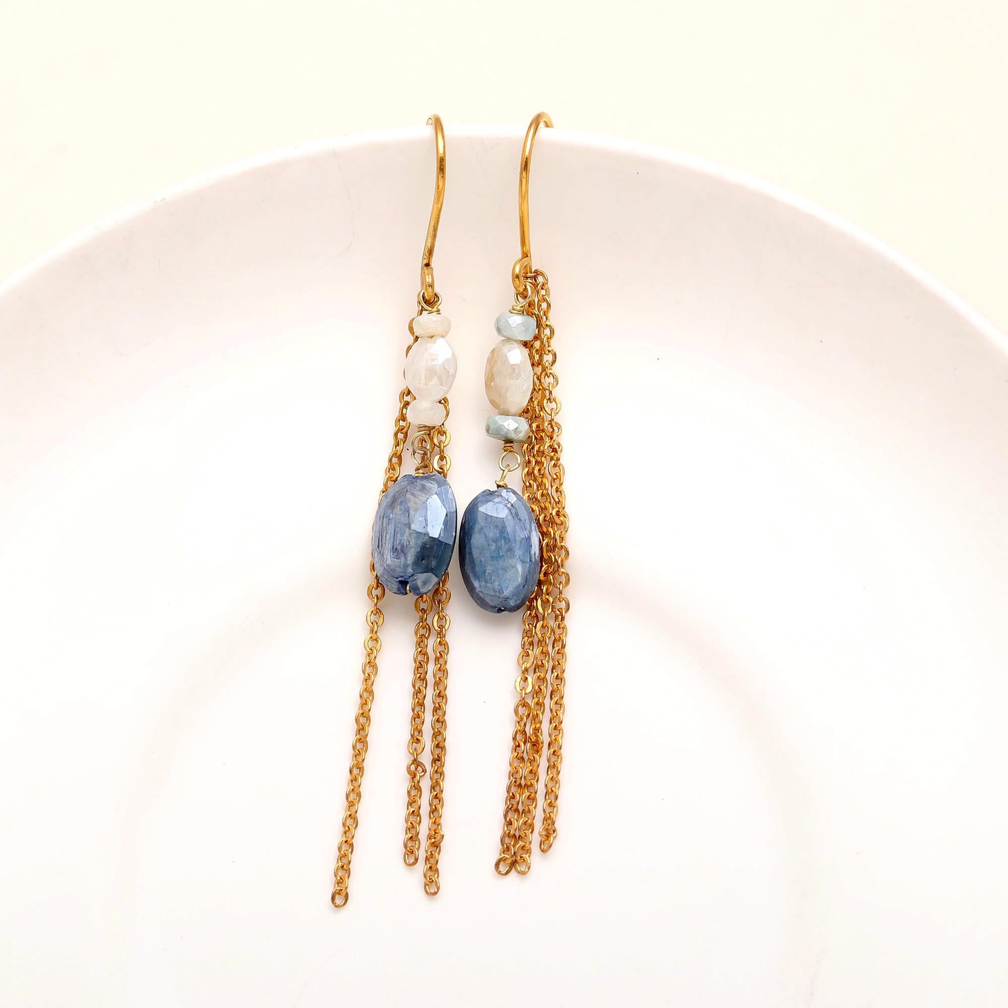 Antitarnish Brass Blue Kyanite Silverite Drop Earrings