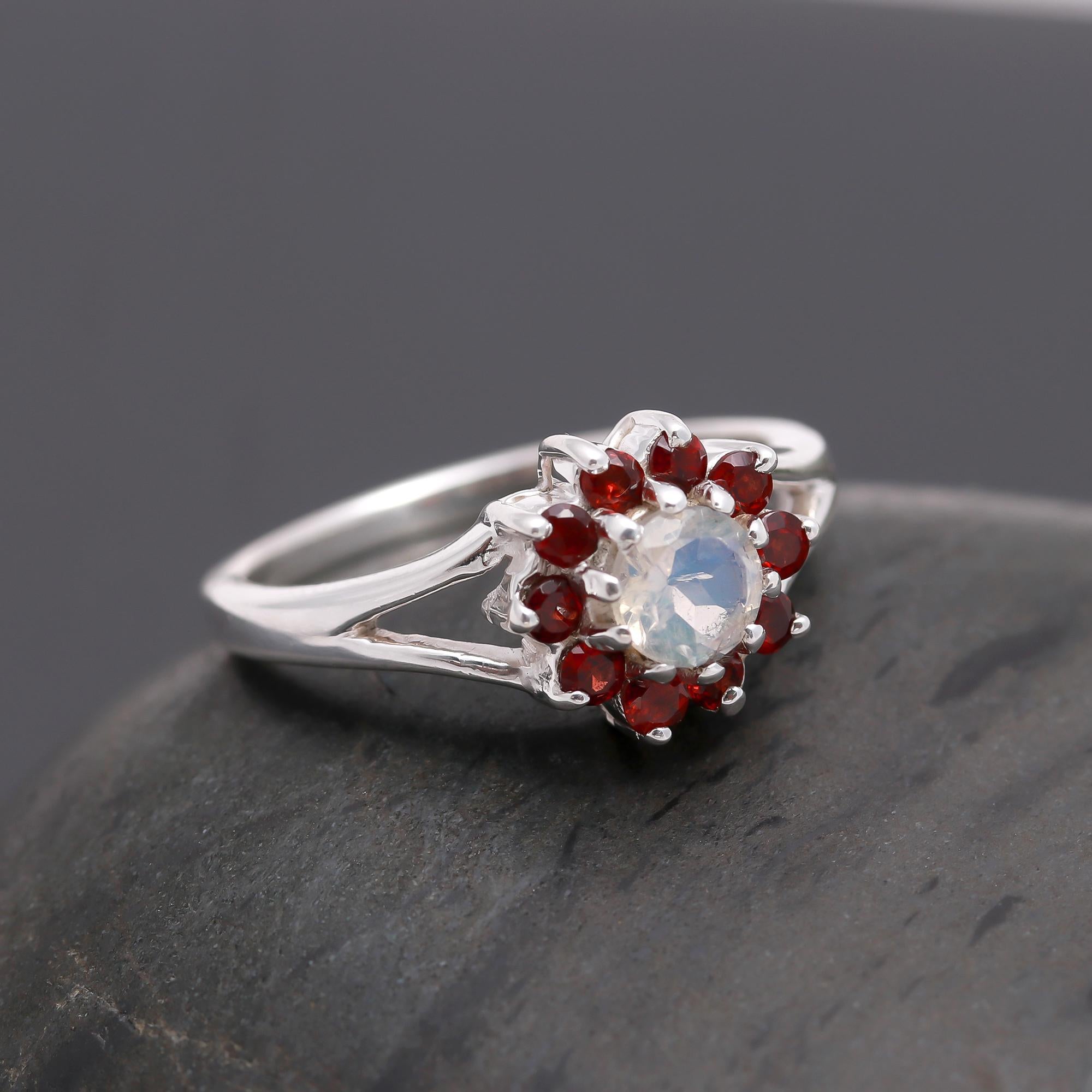 925 Silver Moonstone and Garnet Halo Ring