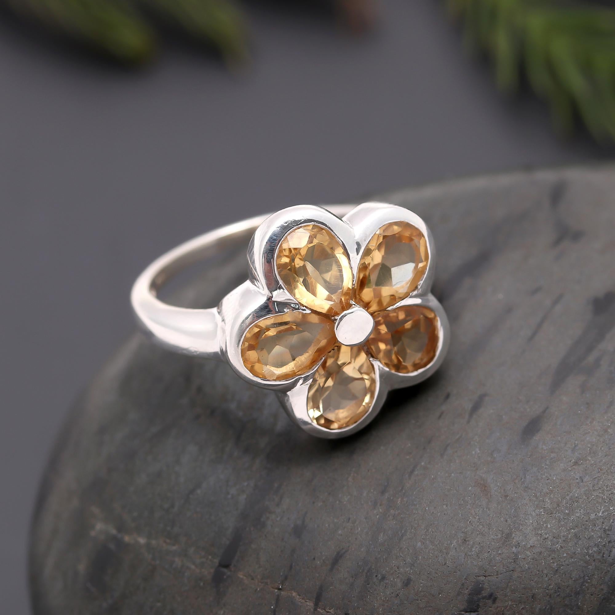925 Silver Citrine Floral Ring