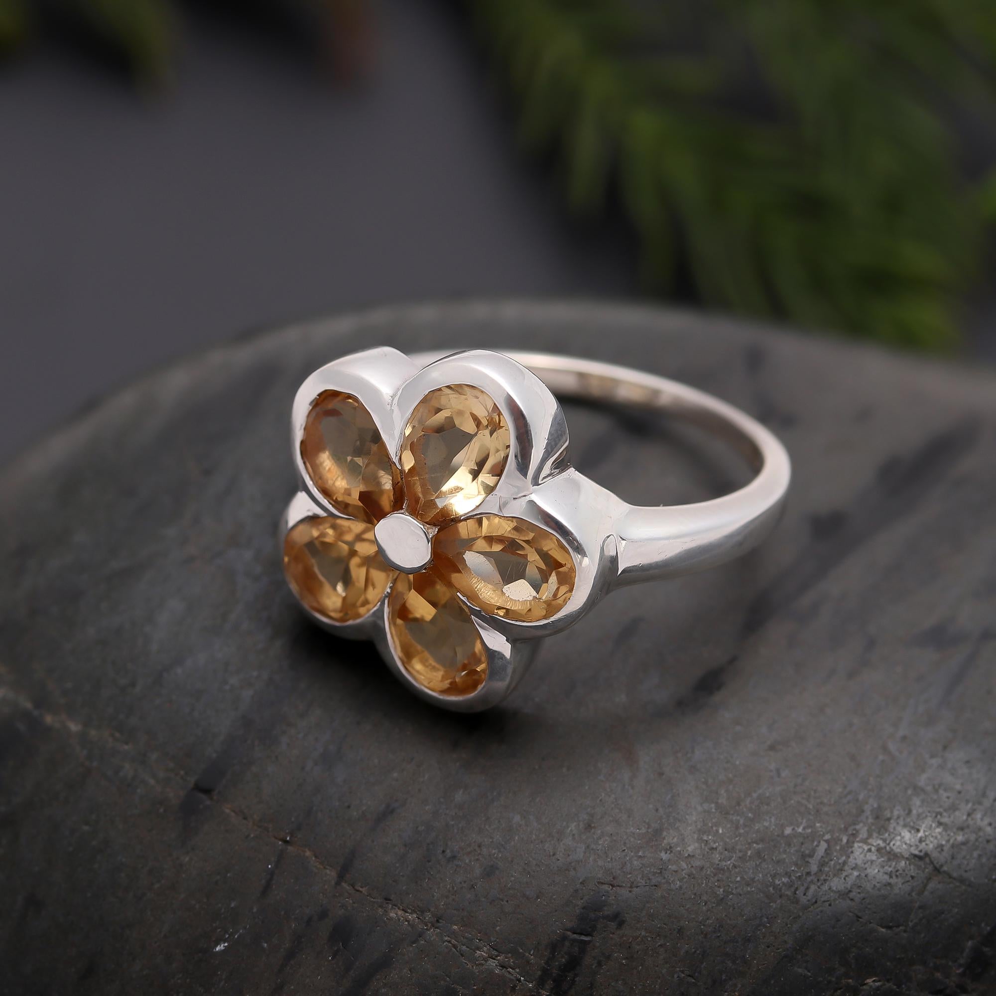 925 Silver Citrine Floral Ring