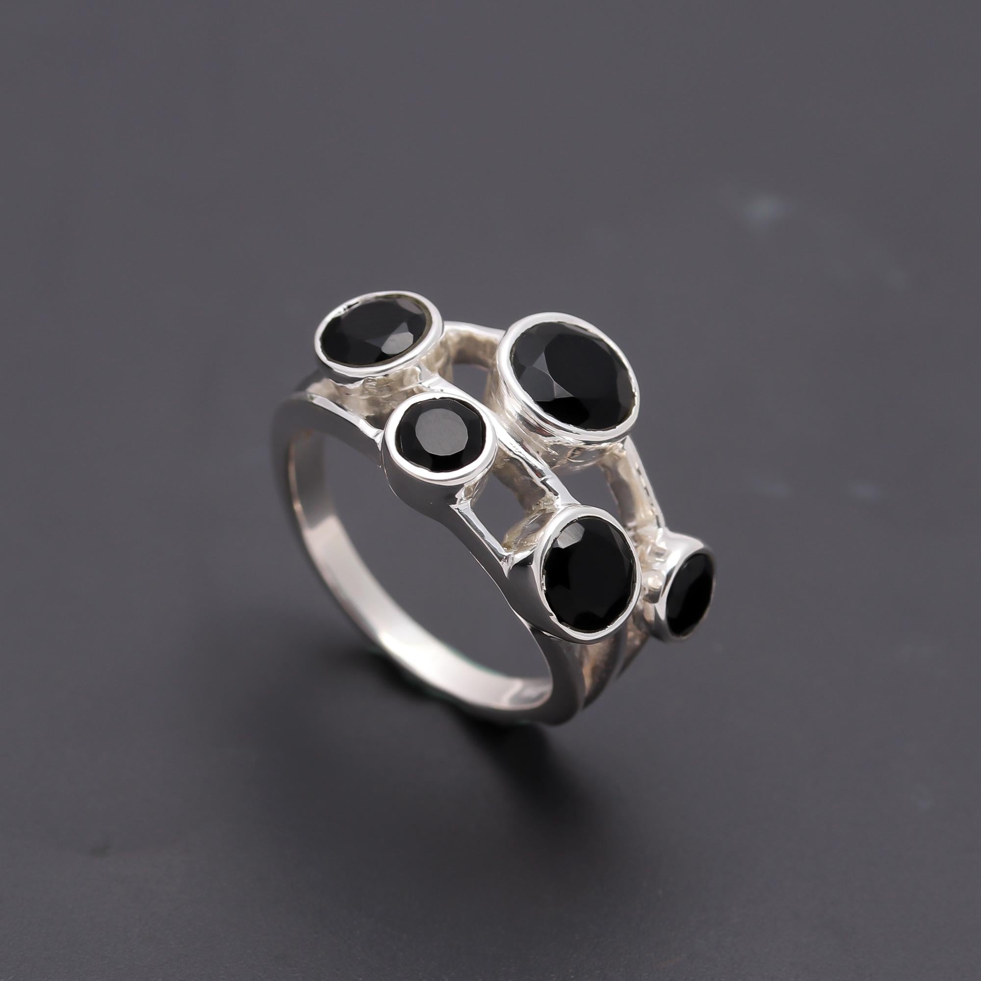 925 Silver Black Onyx Cluster Ring
