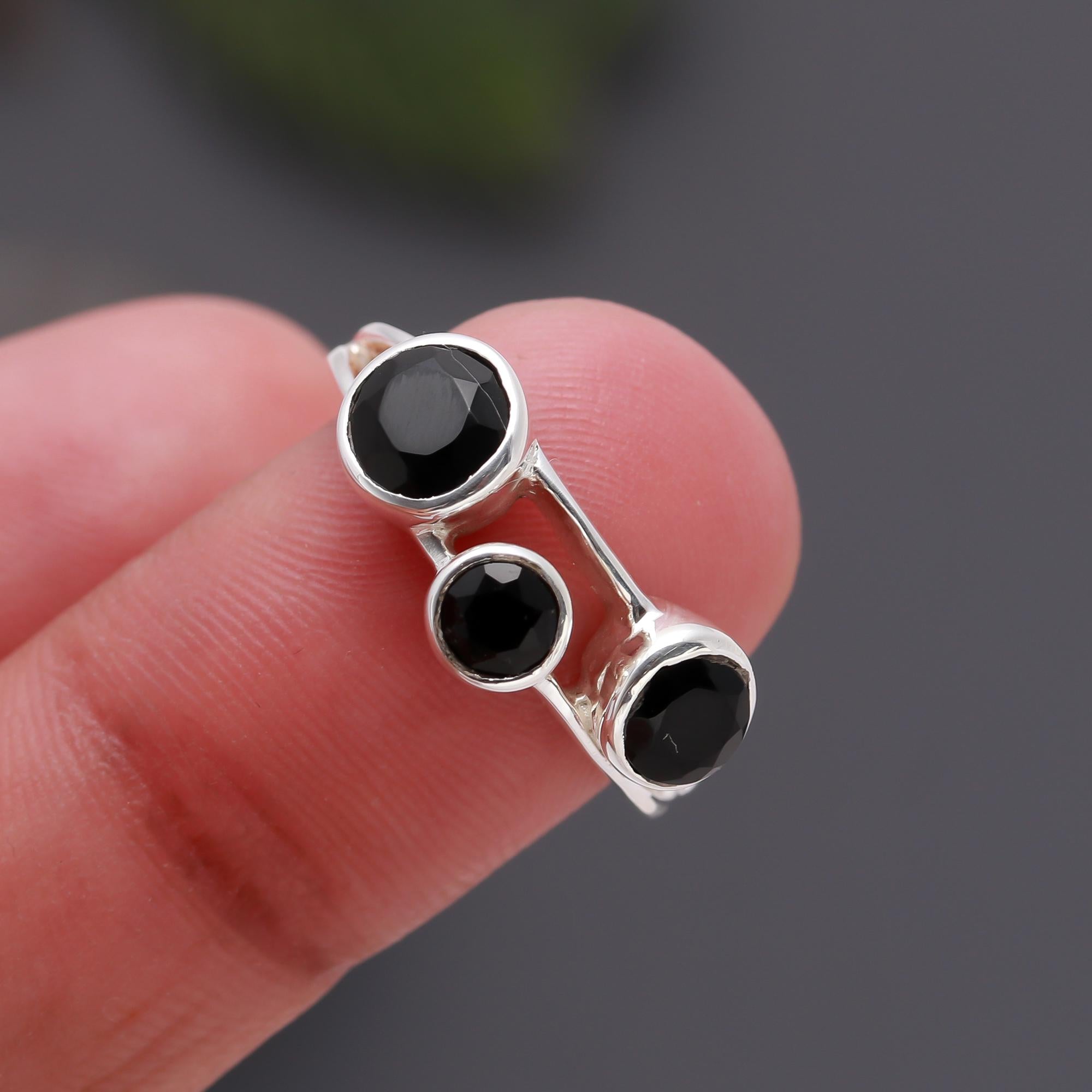 925 Silver Triple Black Onyx Ring