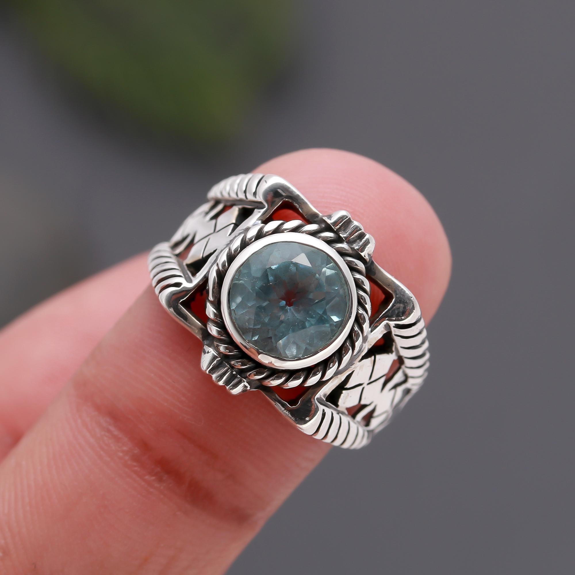 925 Silver Blue Topaz Boho Ring