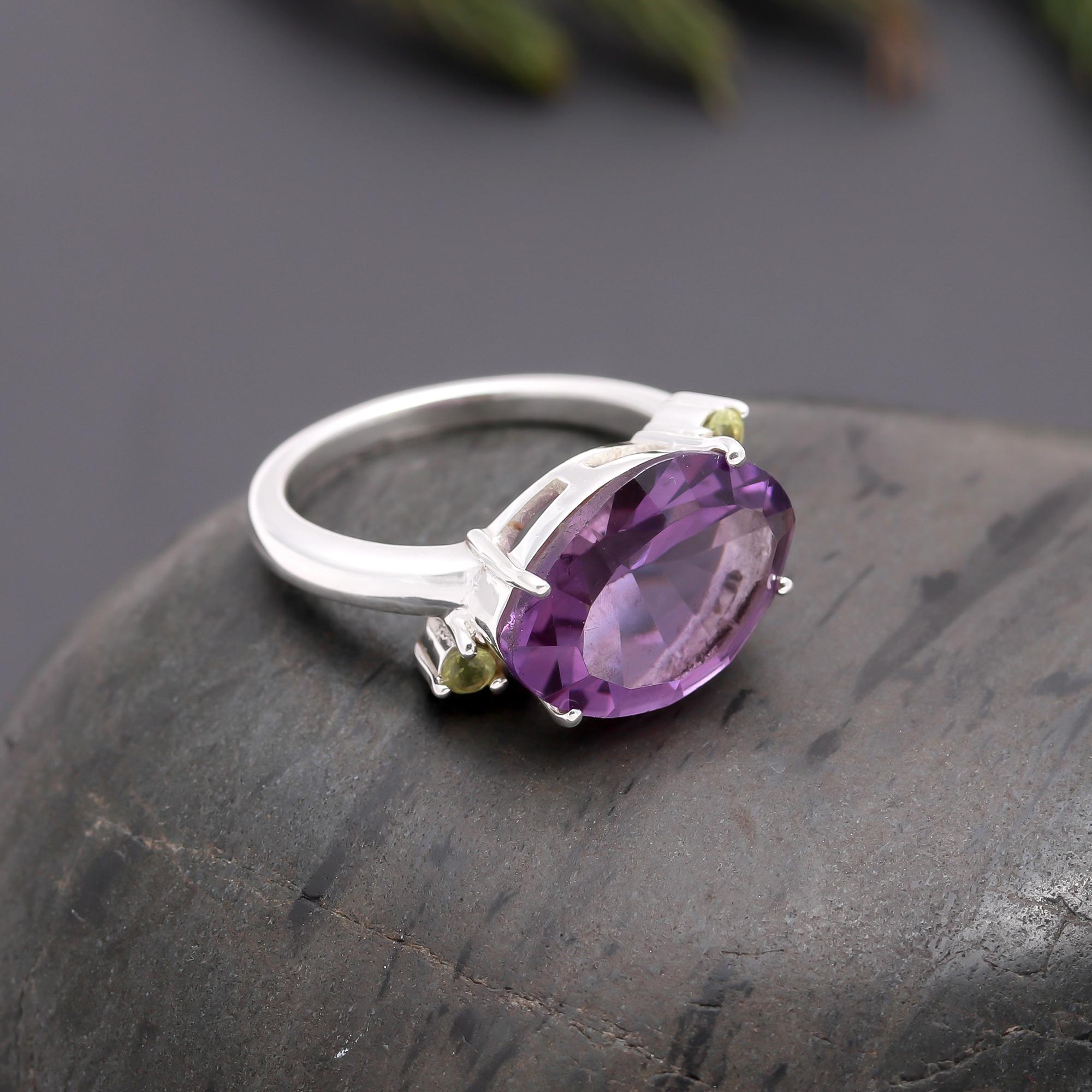 925 Silver Amethyst and Peridot Ring