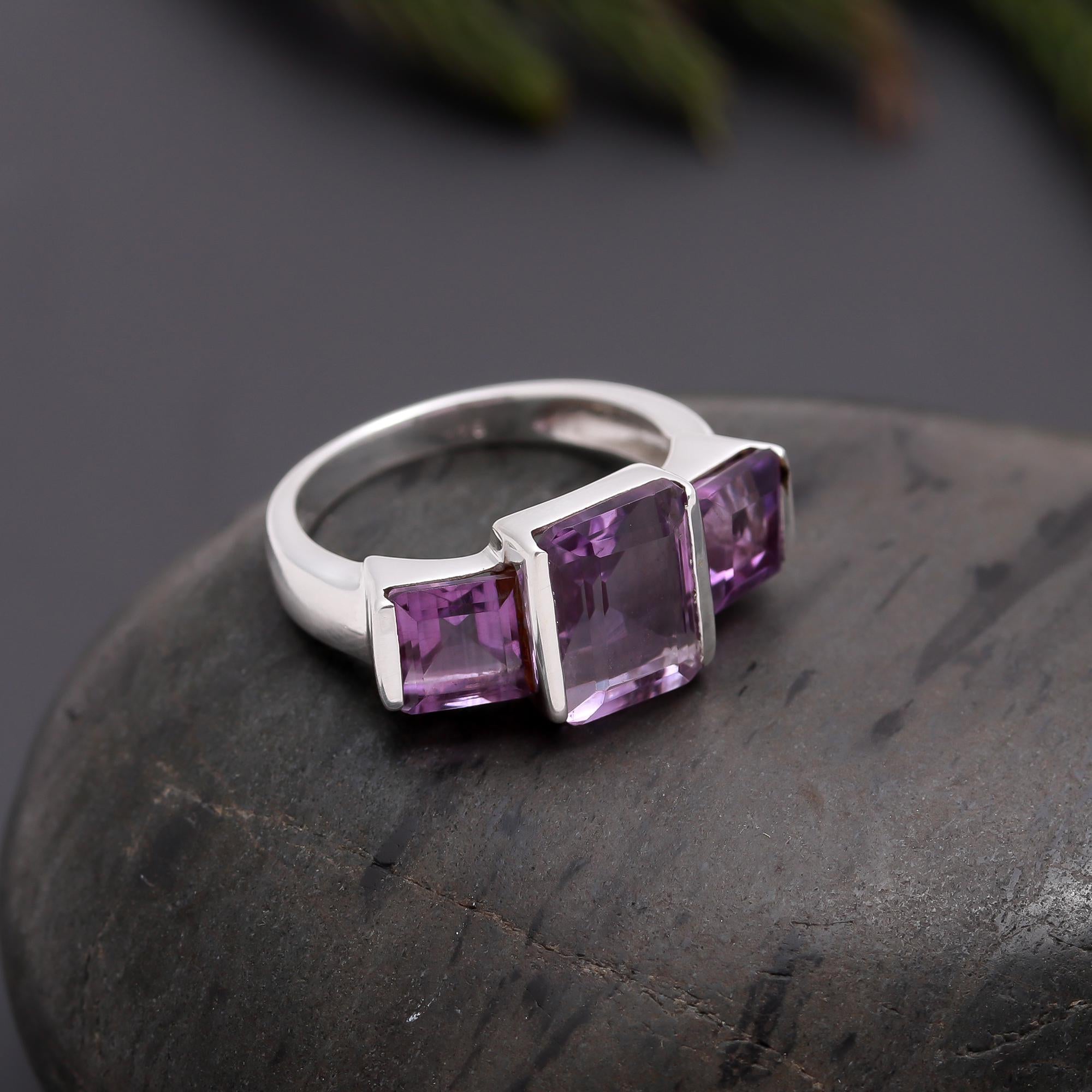 925 Silver Triple Amethyst Ring