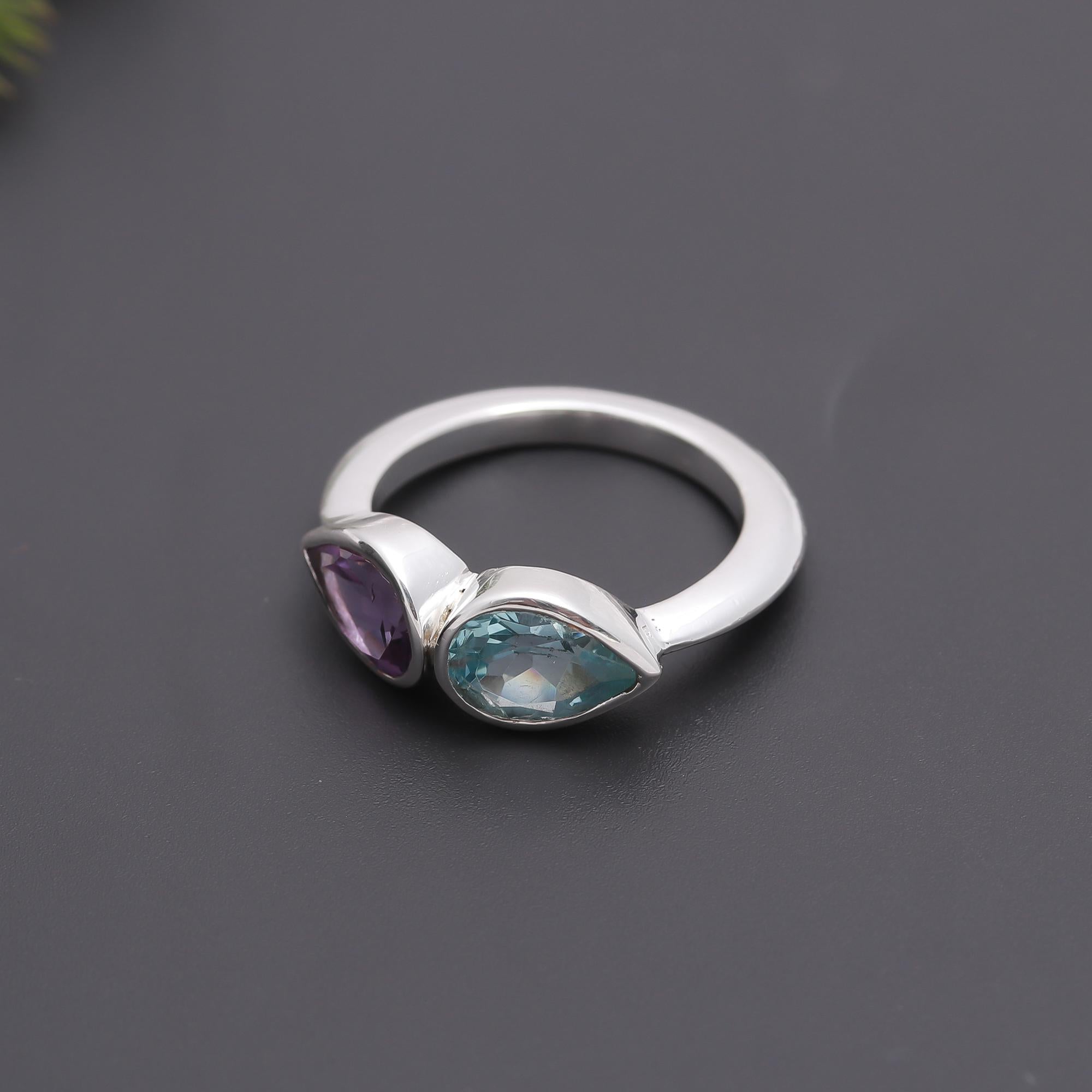 925 Silver Amethyst and Aquamarine Ring