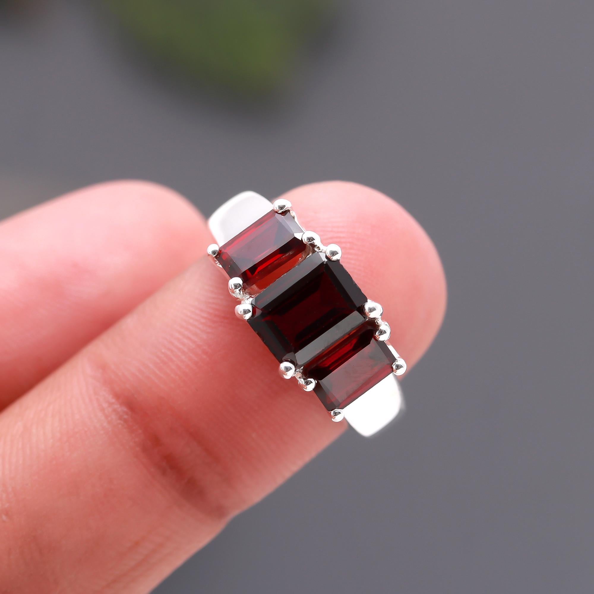 925 Silver Triple Emerald Cut Garnet Ring