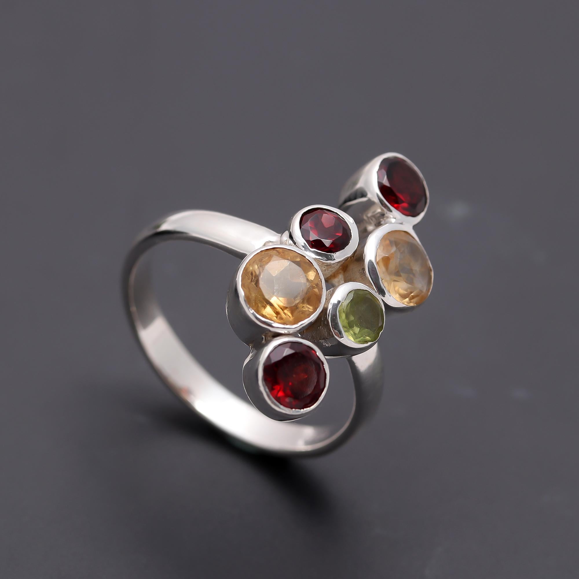 925 Silver Multi Gemstone Cluster Ring