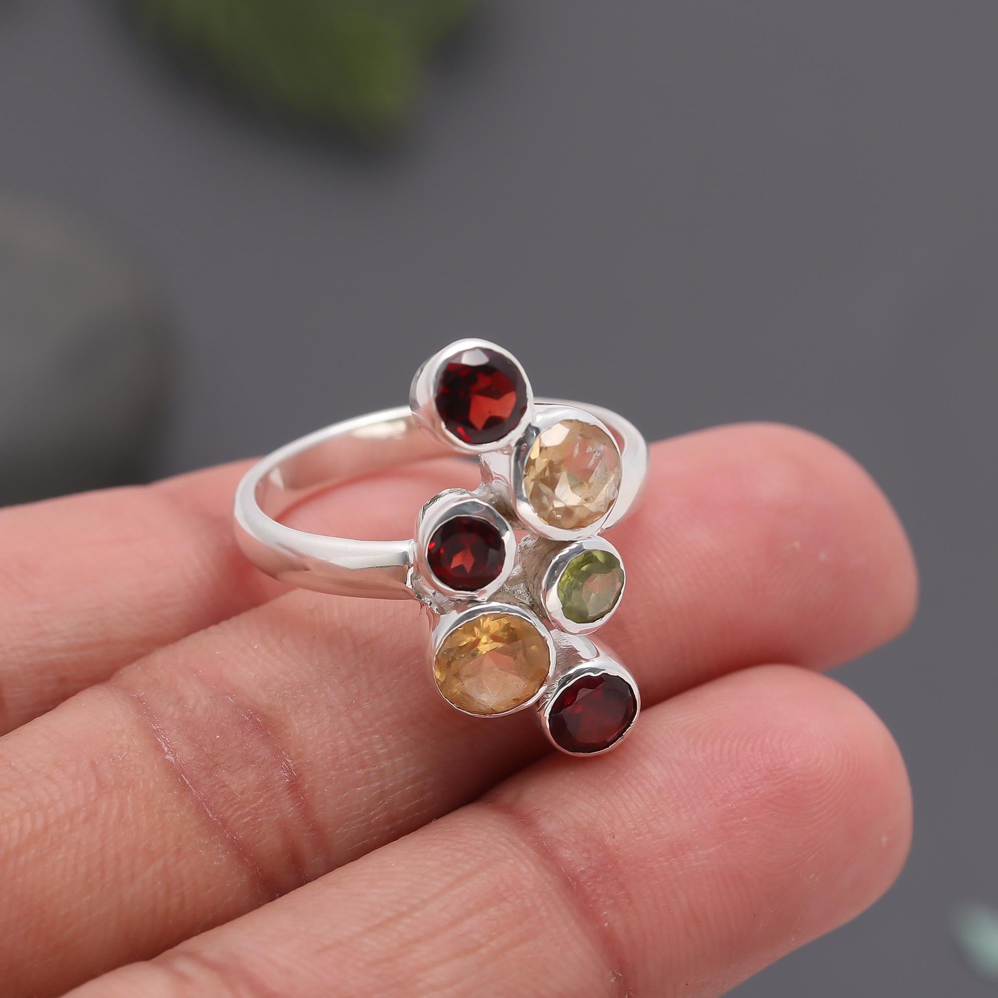 925 Silver Multi Gemstone Cluster Ring