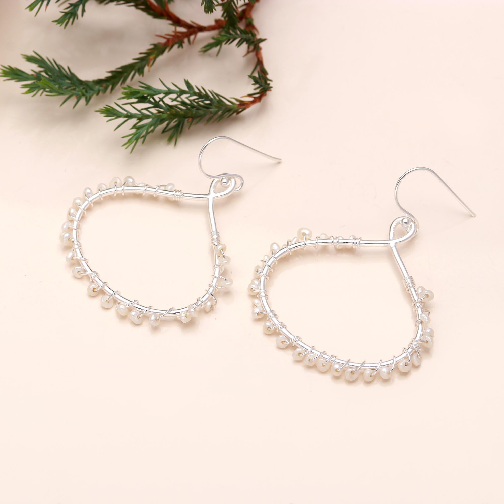925 Sterling Silver Pearl Beaded Drop Hoop Earring