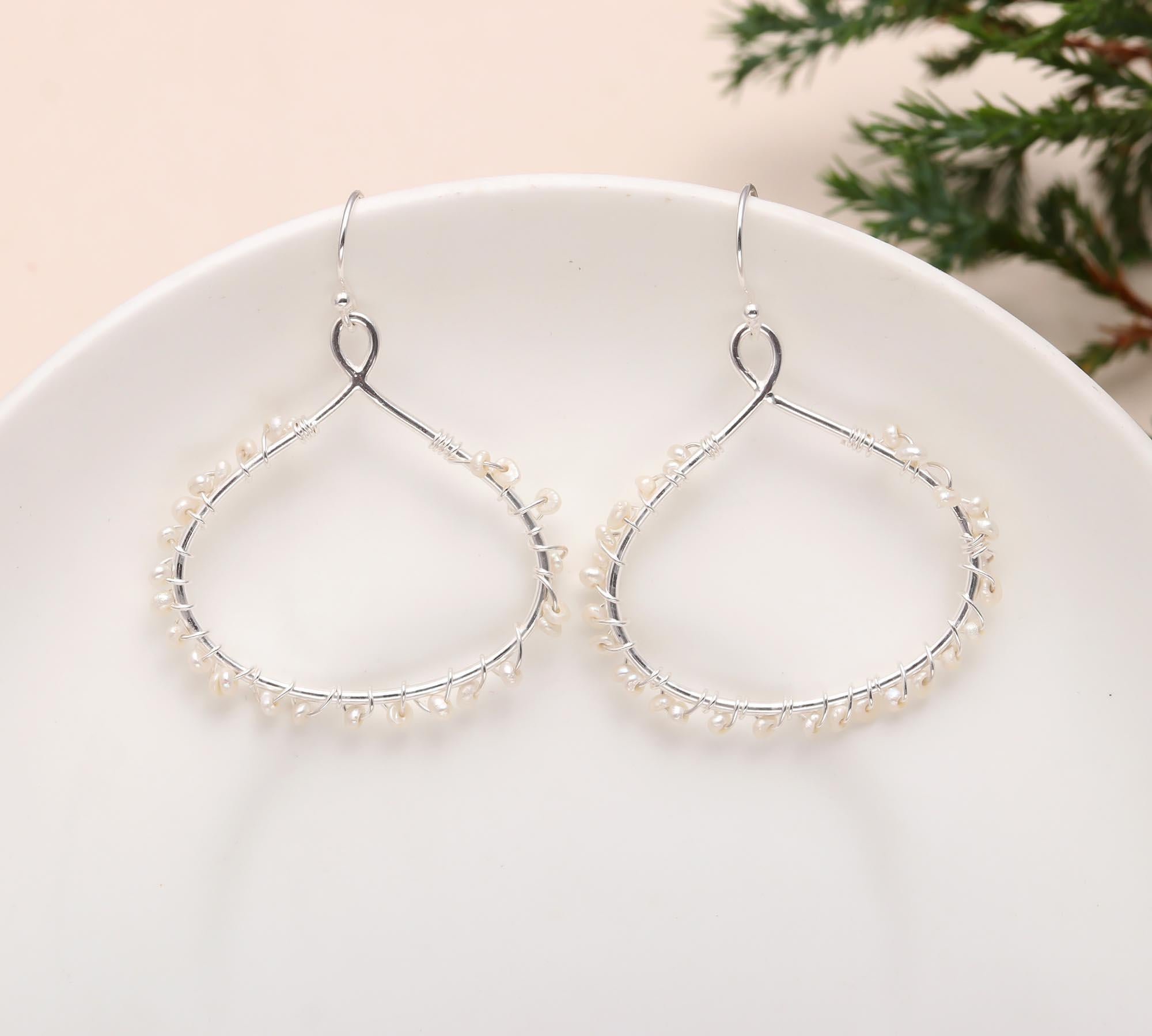 925 Sterling Silver Pearl Beaded Drop Hoop Earring