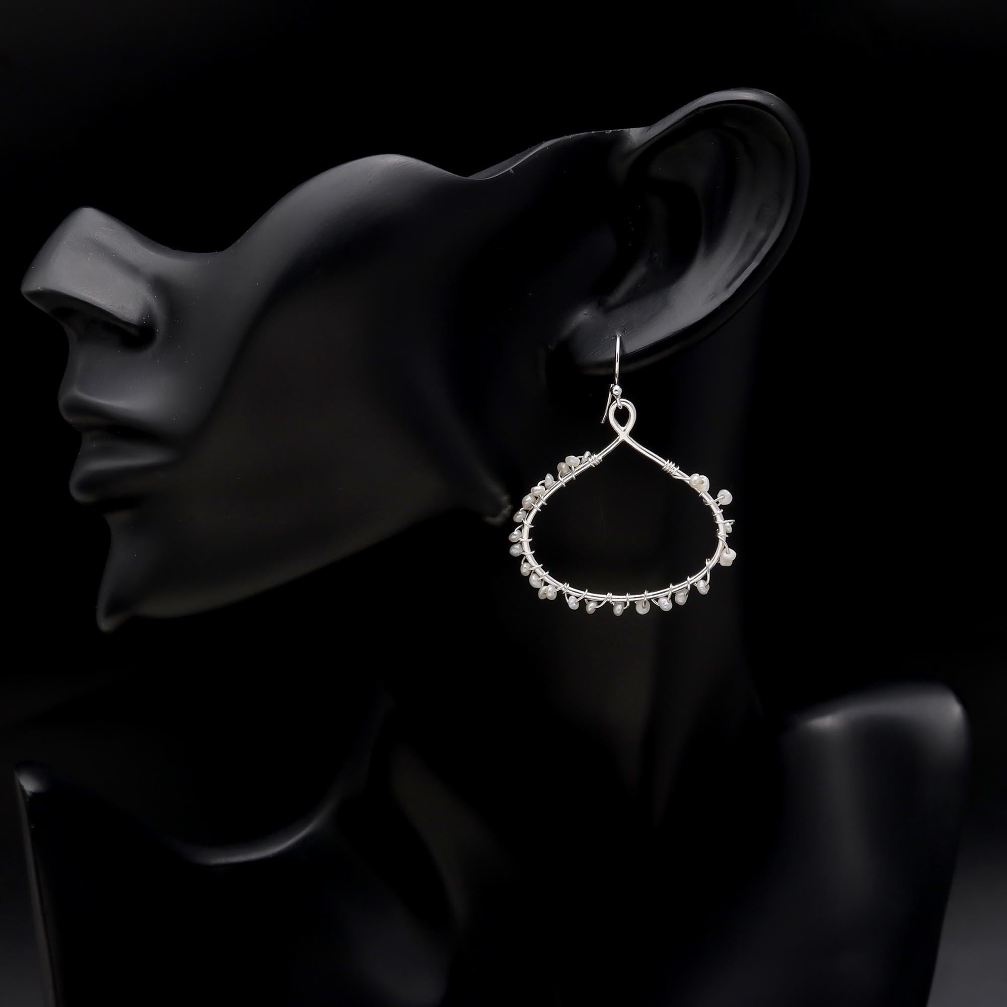 925 Sterling Silver Pearl Beaded Drop Hoop Earring